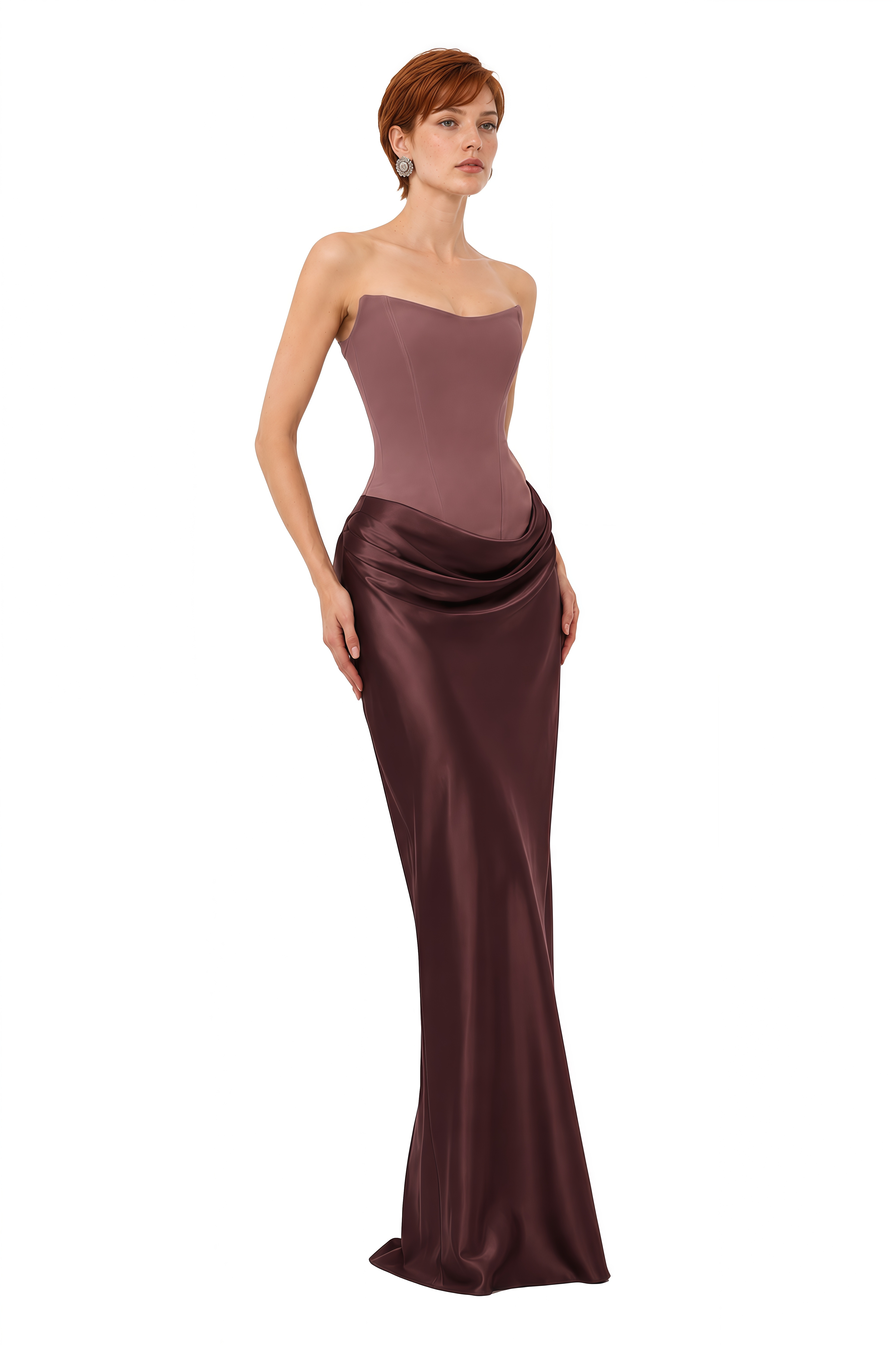 Amelie Brown Strapless Draped Maxi Dress