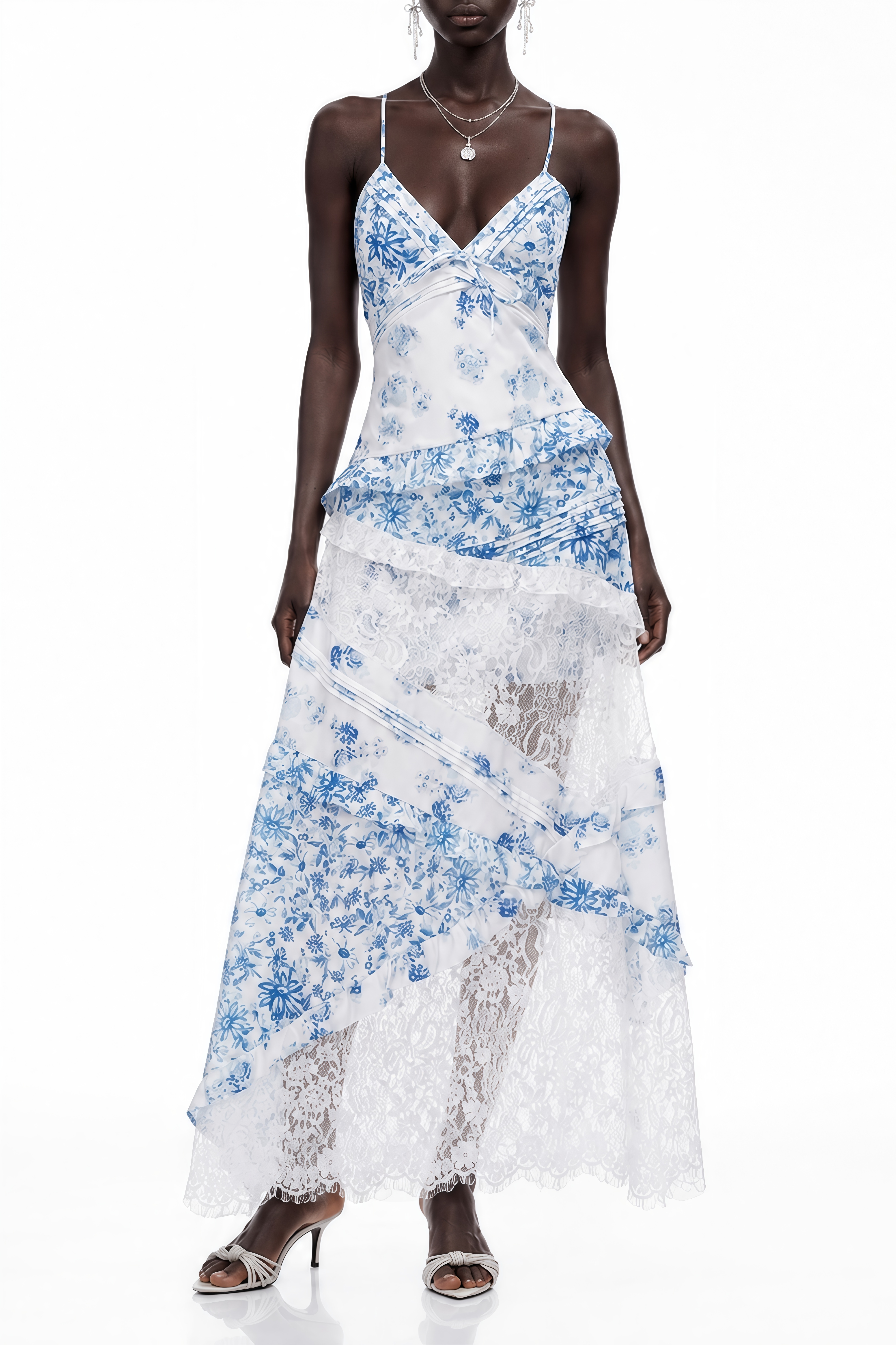 Amelia Blue Floral Print Ruched Maxi Dress