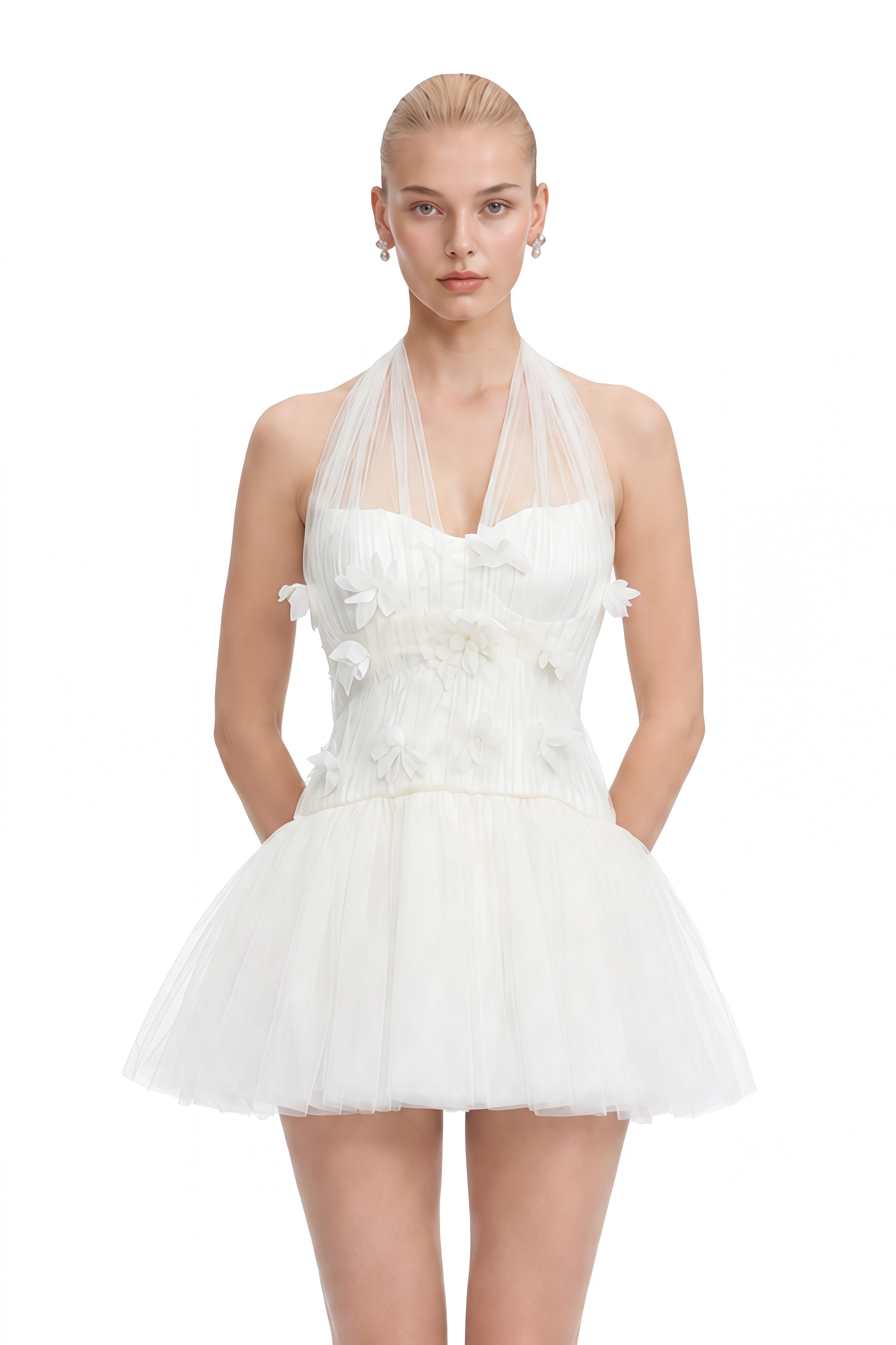 Theodora White Halterneck 3D Floral Mini Dress