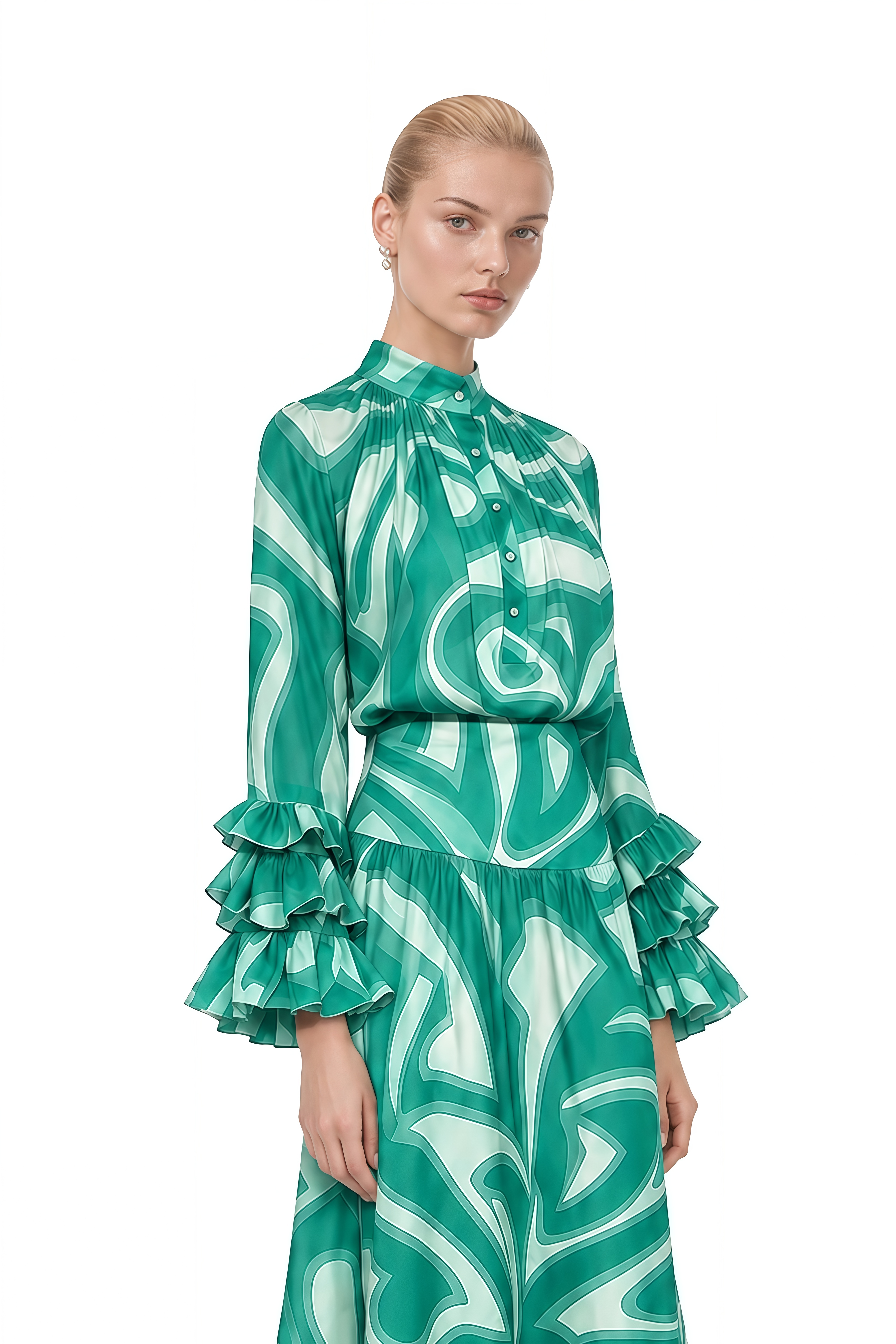 Felicity Green Abstract Print Ruffled Blouse & Skirt Set