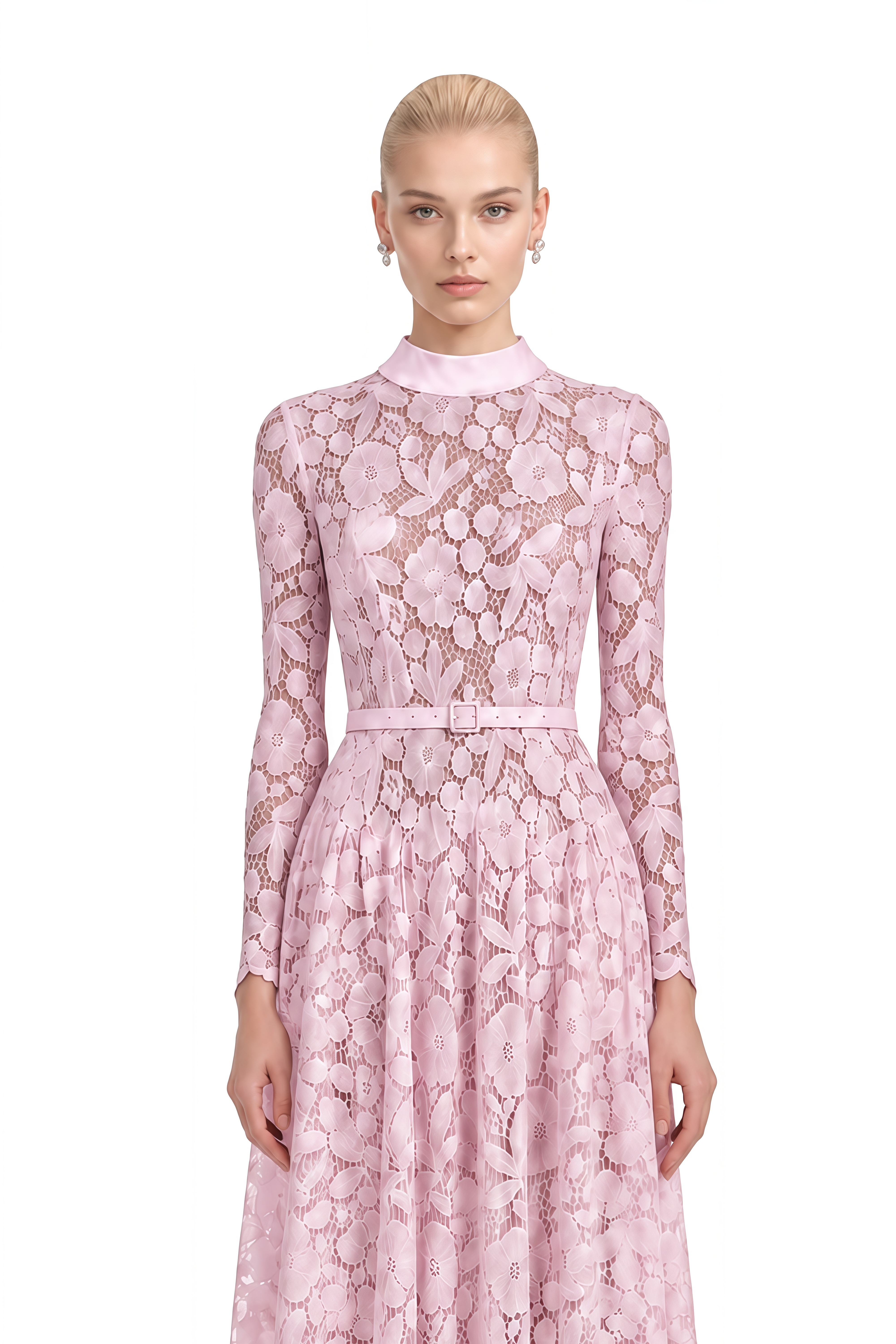 Thalia Pink Turtleneck Floral Lace Midi Dress