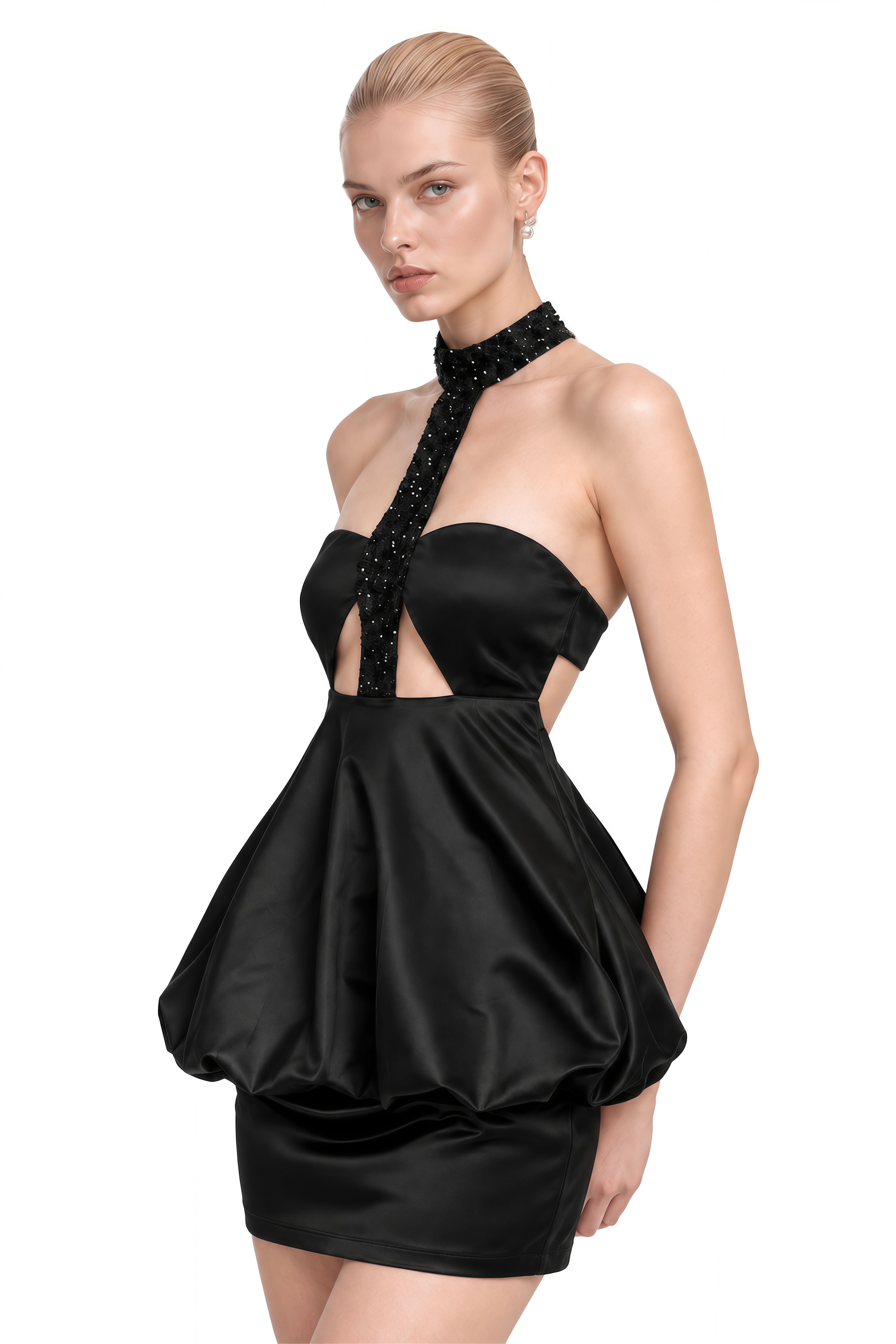Flora Black Halterneck Cut-Out Mini Dress