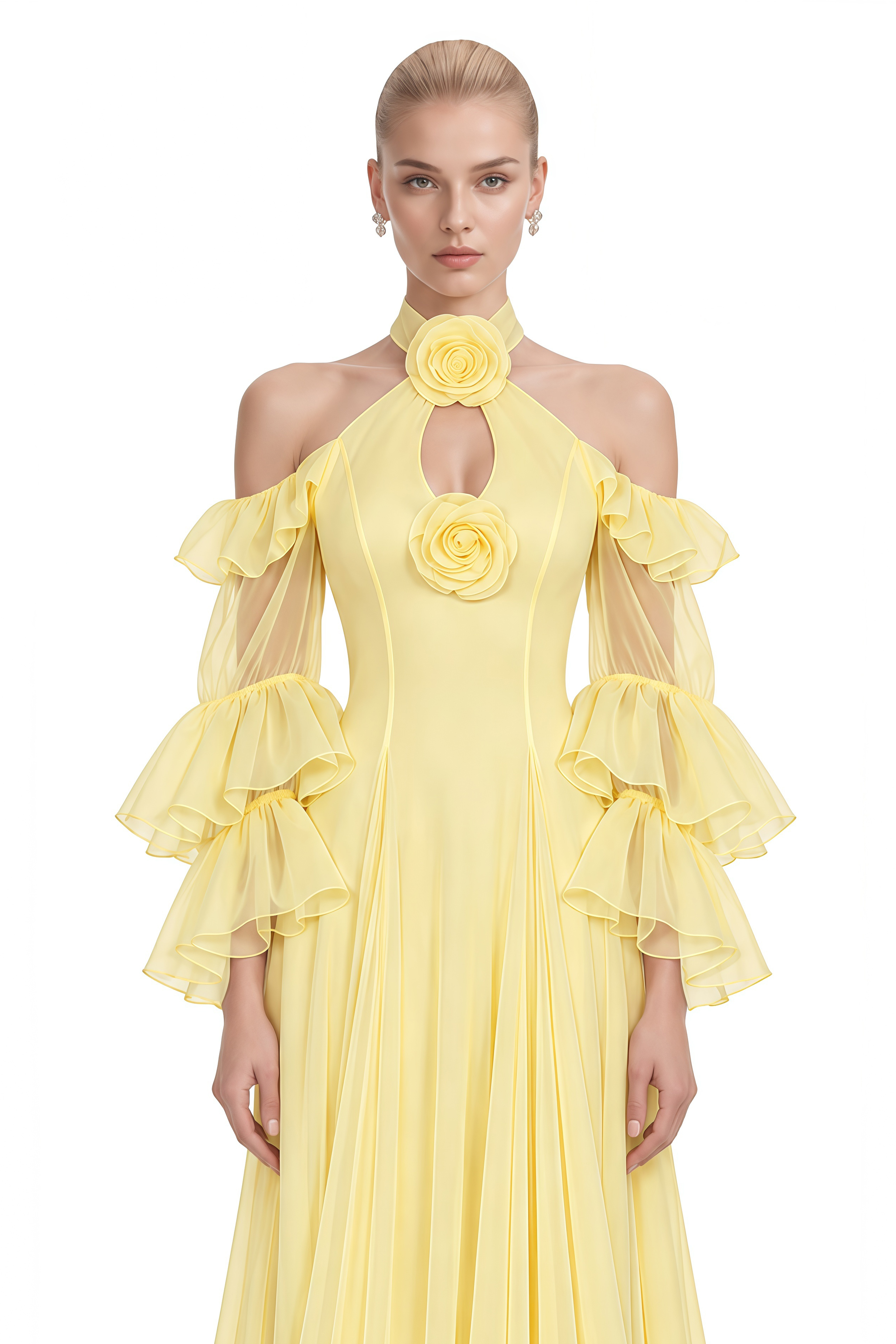 Ember Yellow Halterneck 3D Floral Maxi Dress