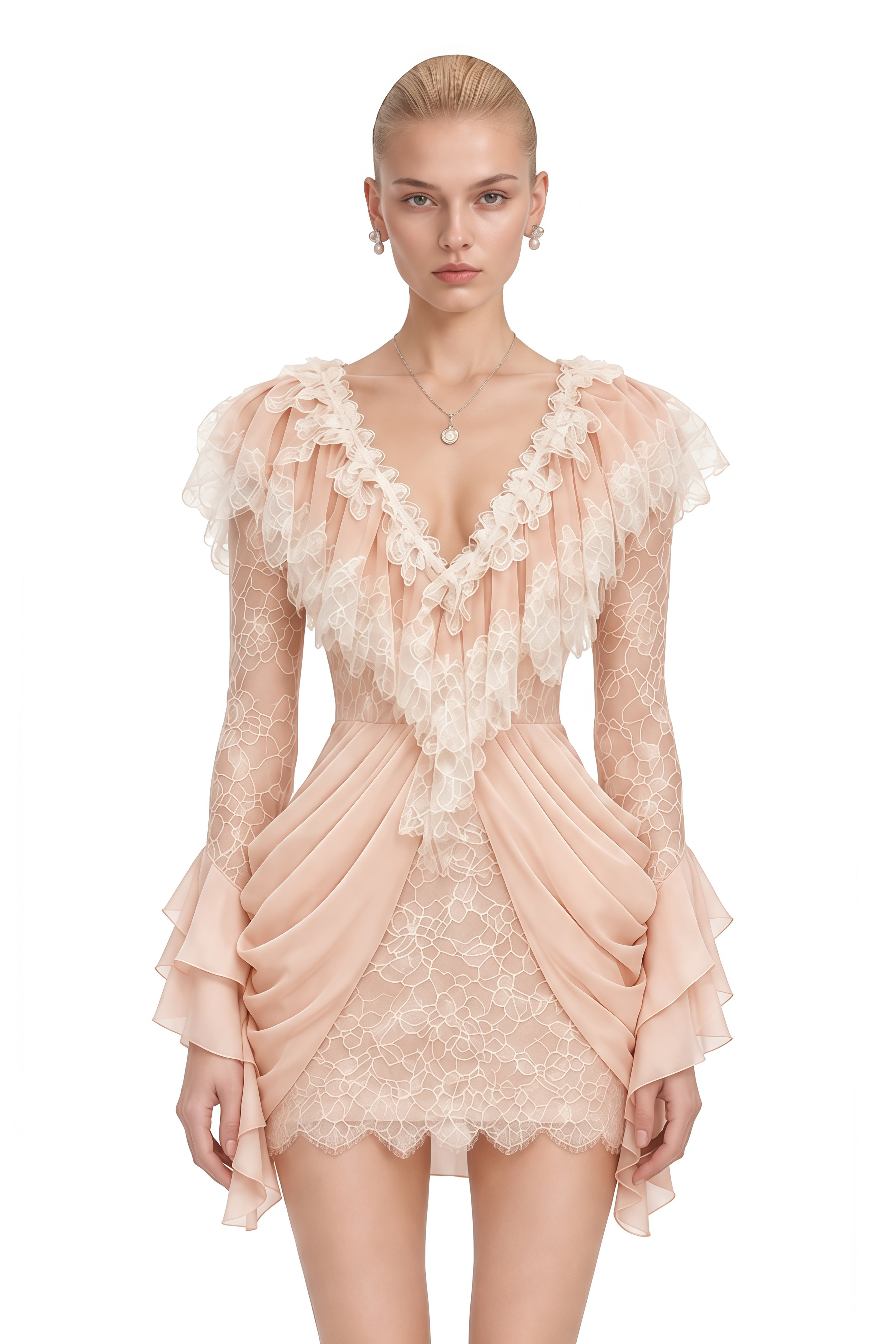 Eleanor Neutral Long Sleeves Lace Mini Dress