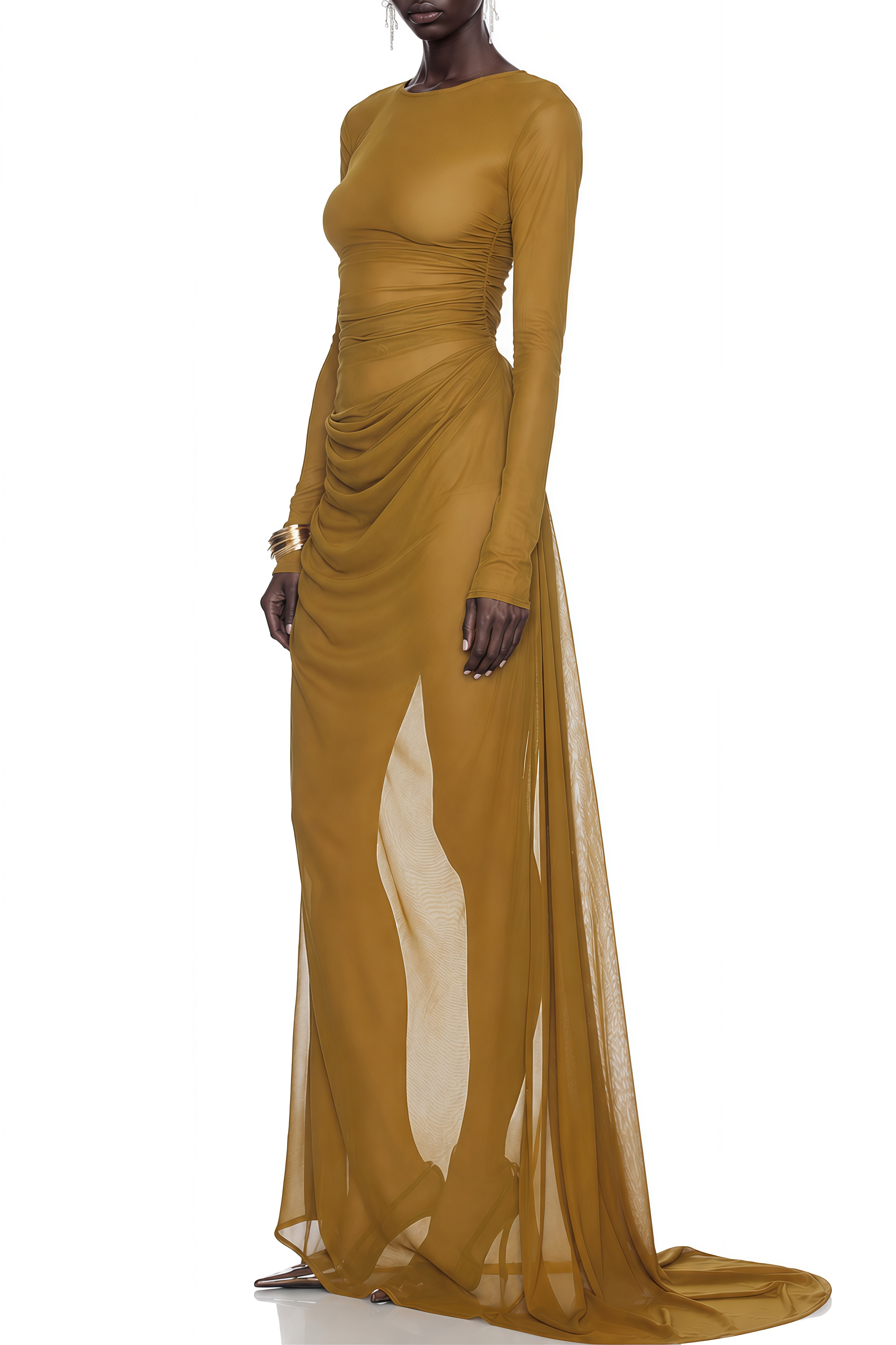 Margaux Olive Green Sheer Long Sleeves Maxi Dress