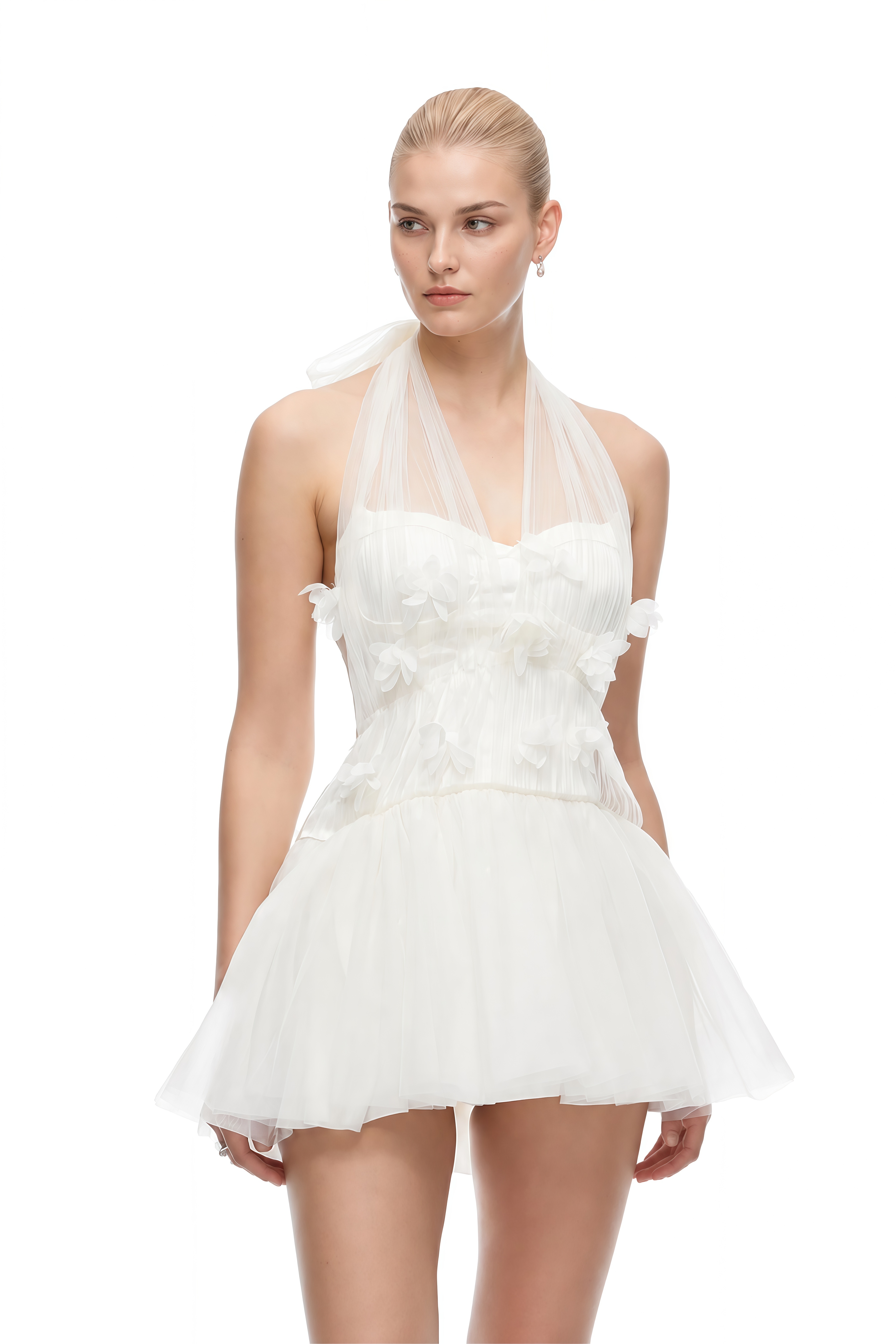 Theodora White Halterneck 3D Floral Mini Dress