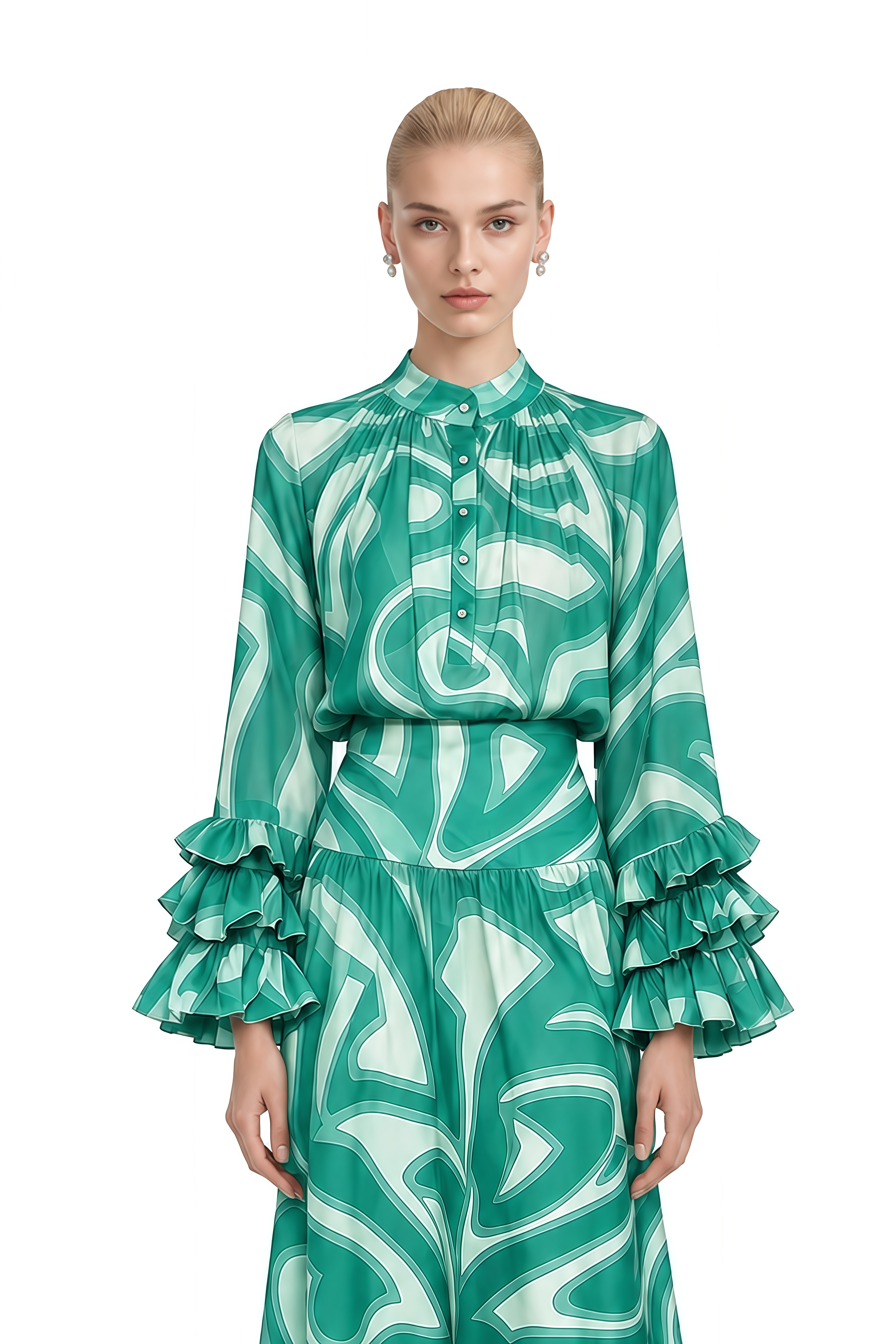 Felicity Green Abstract Print Ruffled Blouse & Skirt Set
