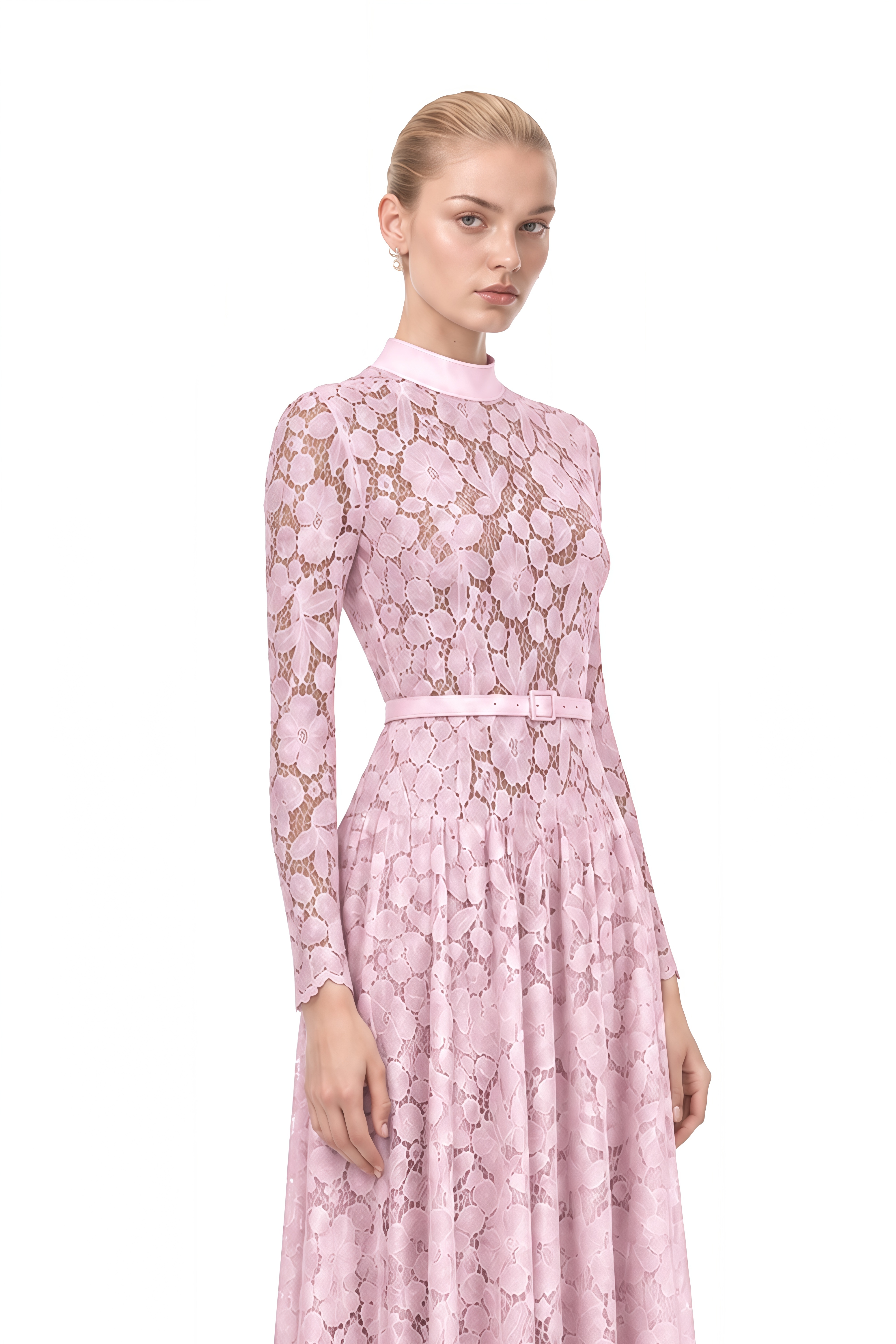 Thalia Pink Turtleneck Floral Lace Midi Dress