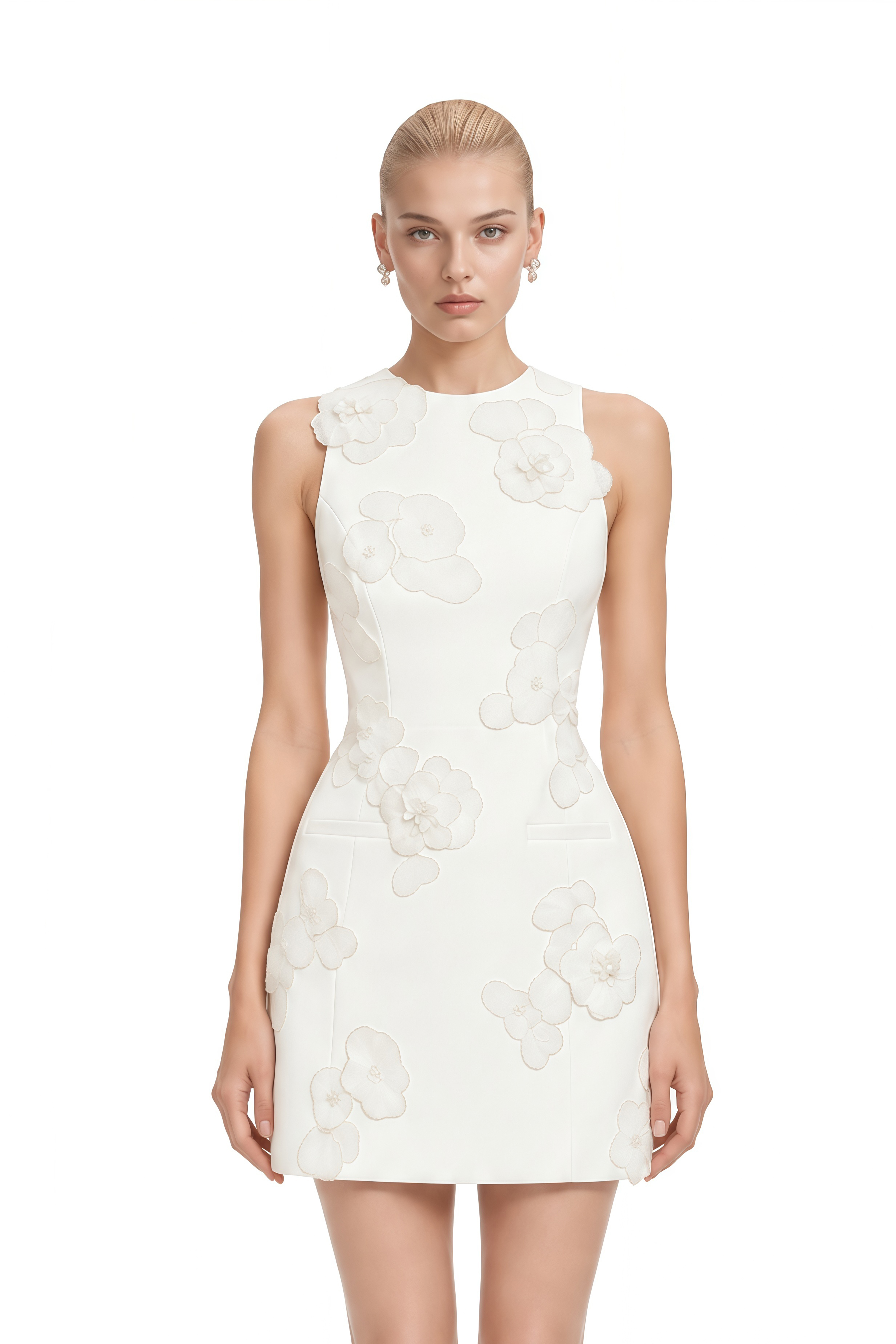 Rosalind White Round Neck Floral Appliqué Mini Dress