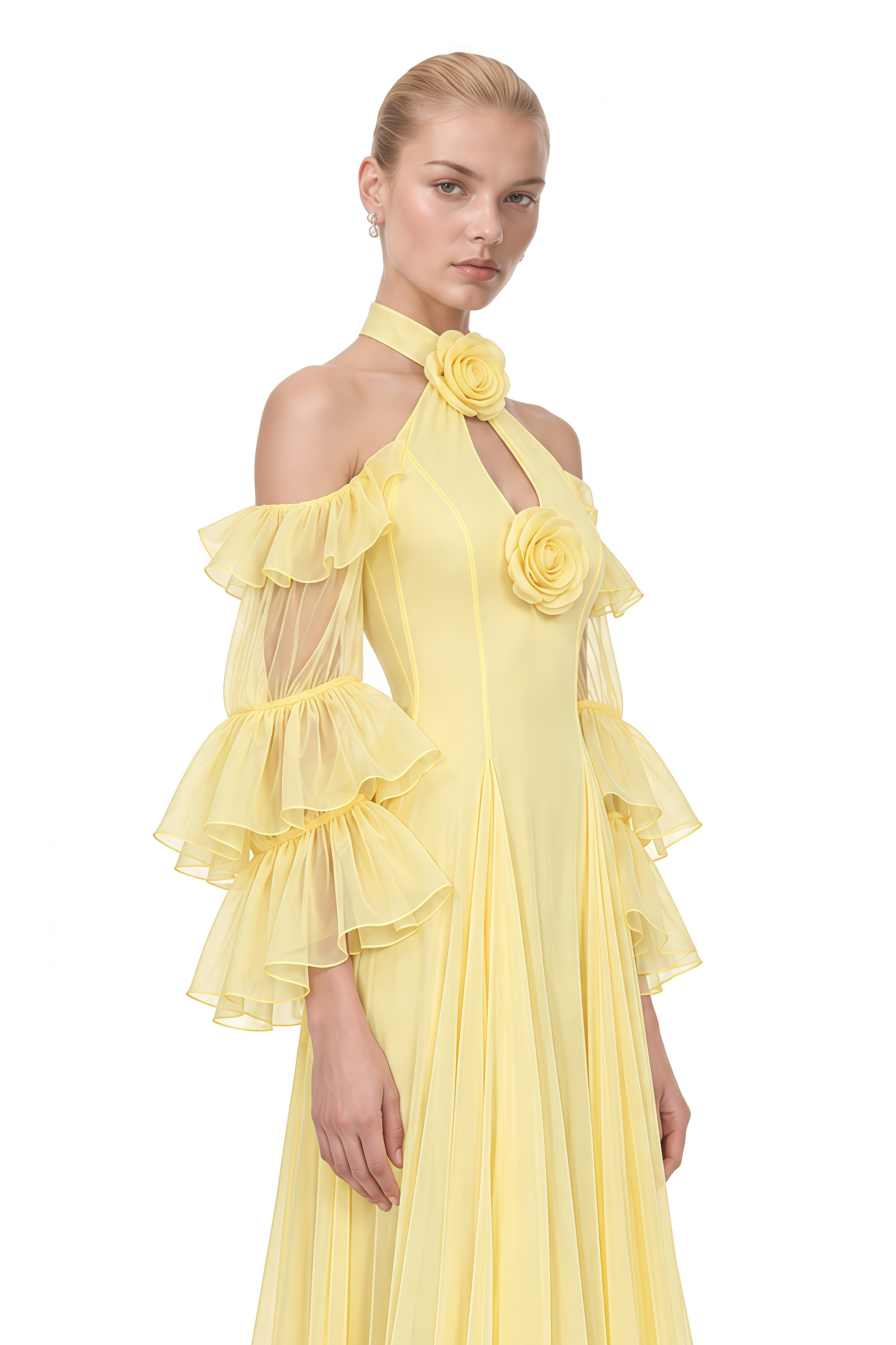 Ember Yellow Halterneck 3D Floral Maxi Dress