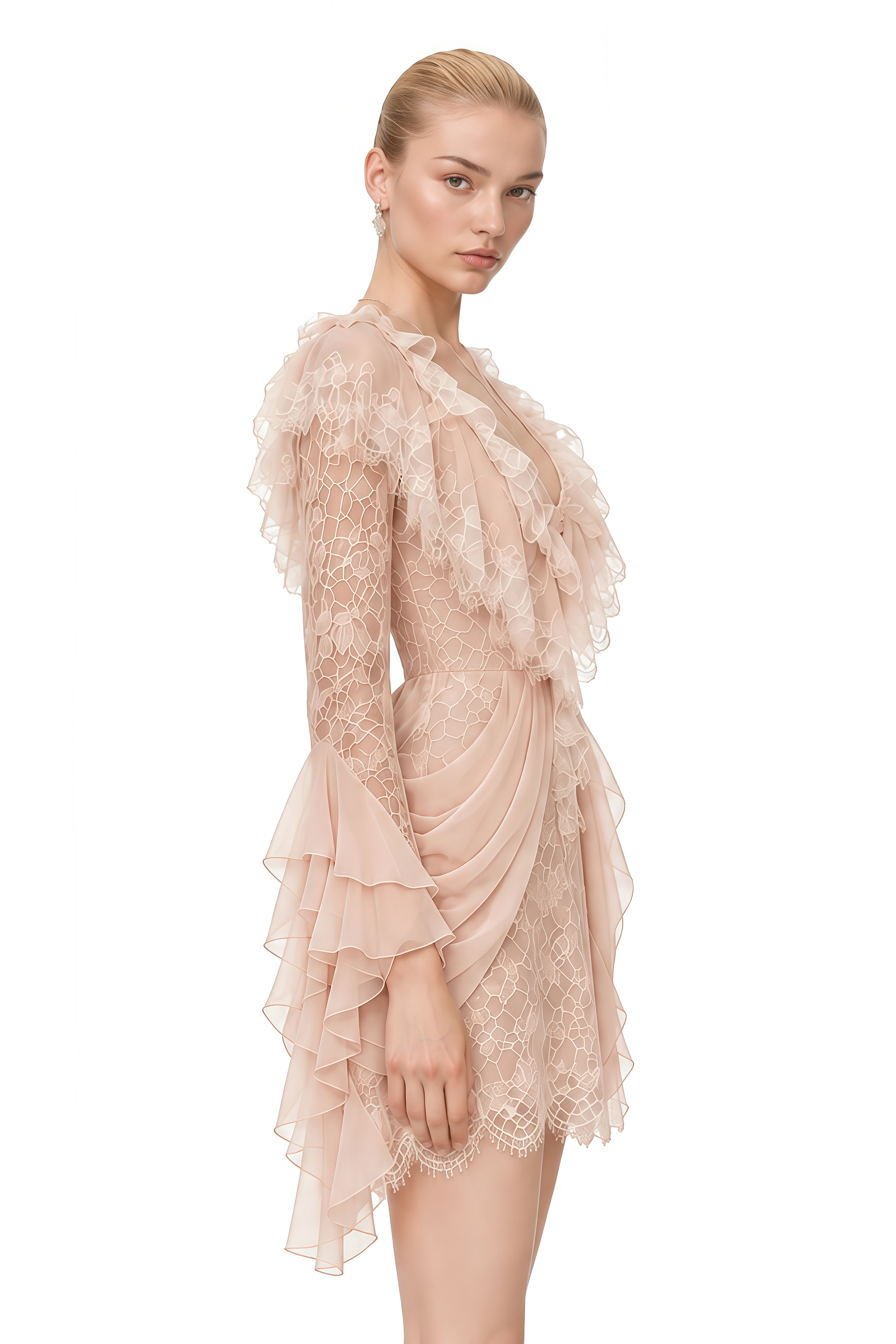 Eleanor Neutral Long Sleeves Lace Mini Dress