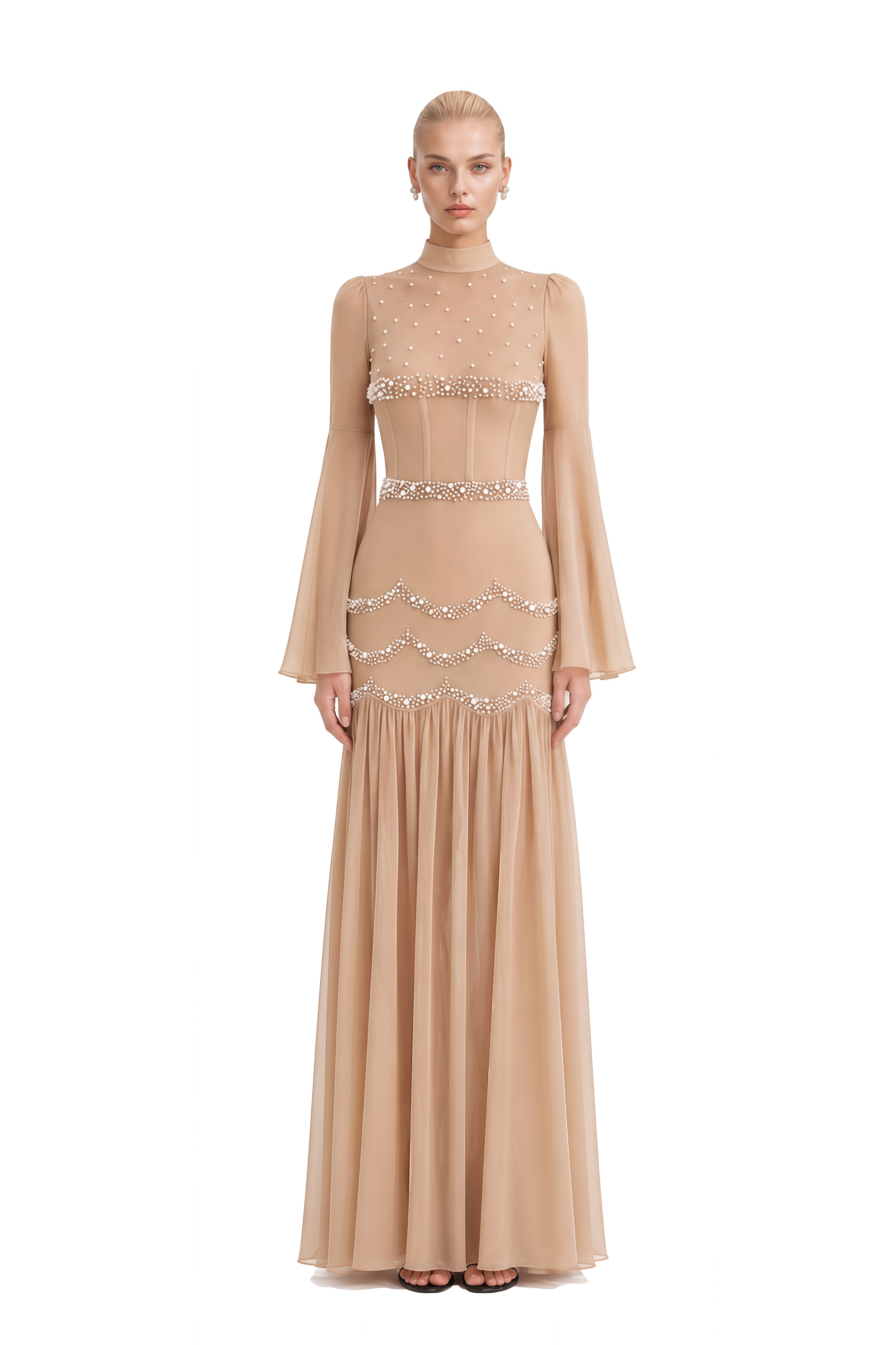 Eira Beige Turtleneck Pleated Maxi Dress