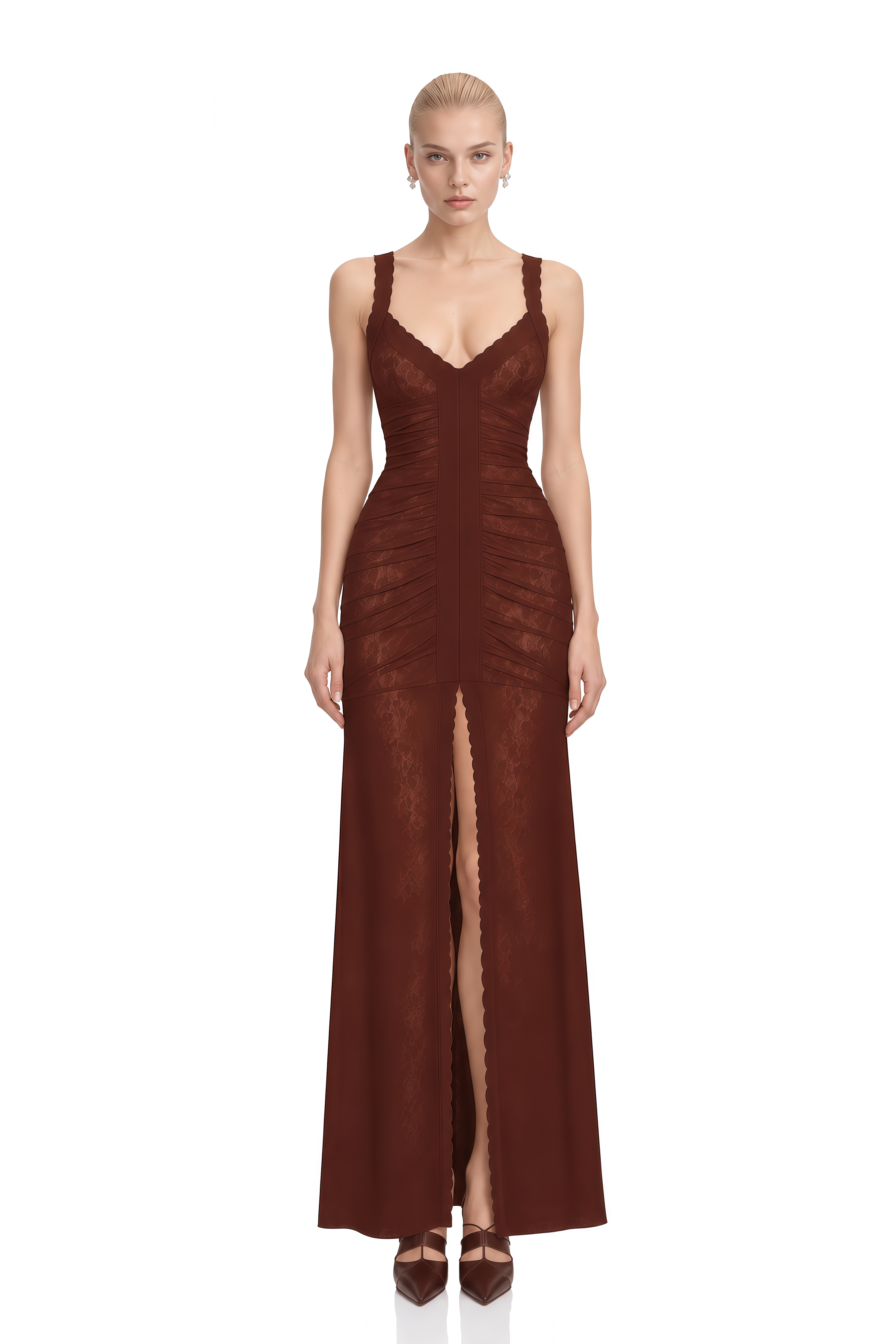 Portia Brown V-Neck Lace Maxi Dress