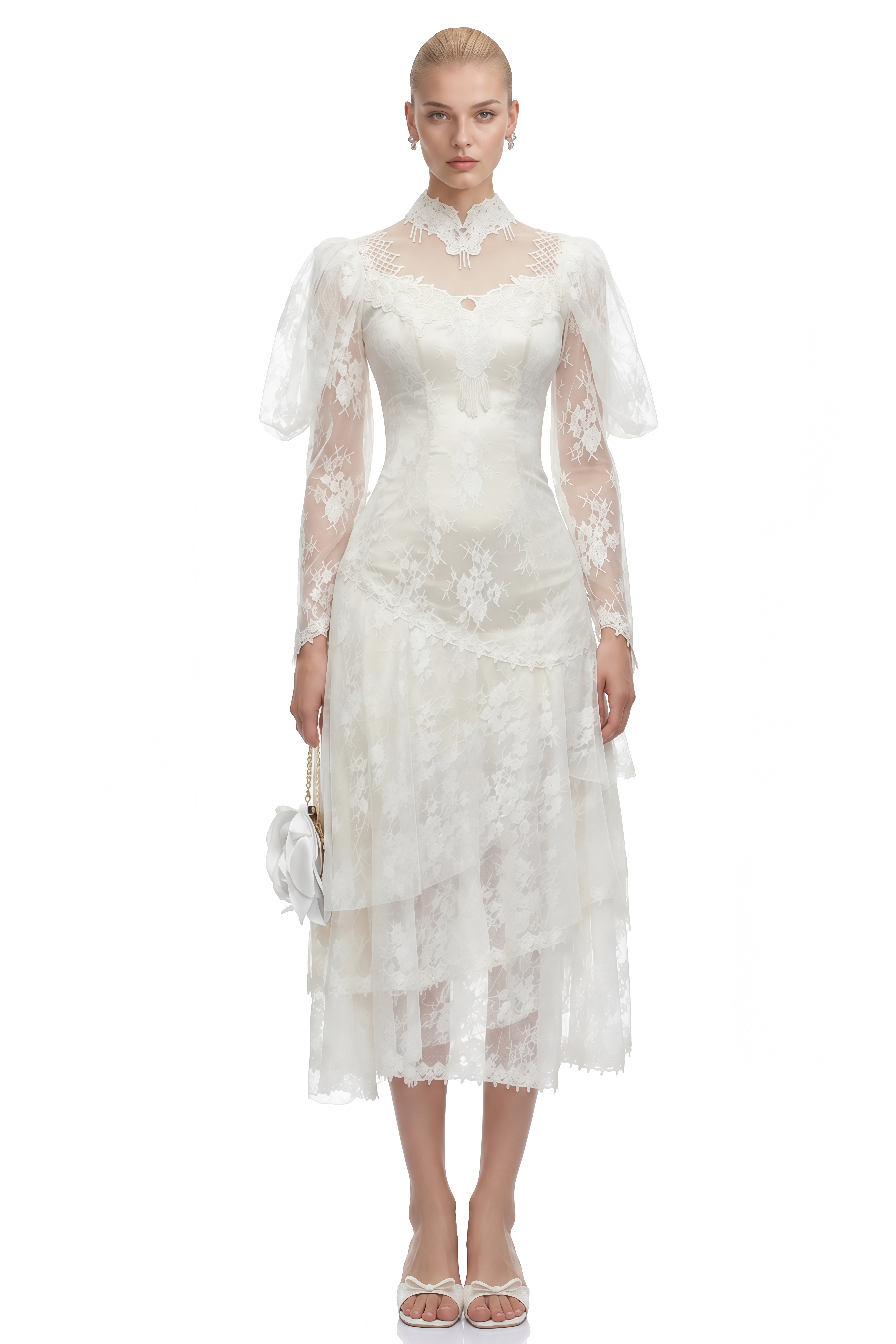Cordelia Ivory Asymmetrical Layered Lace Midi Dress