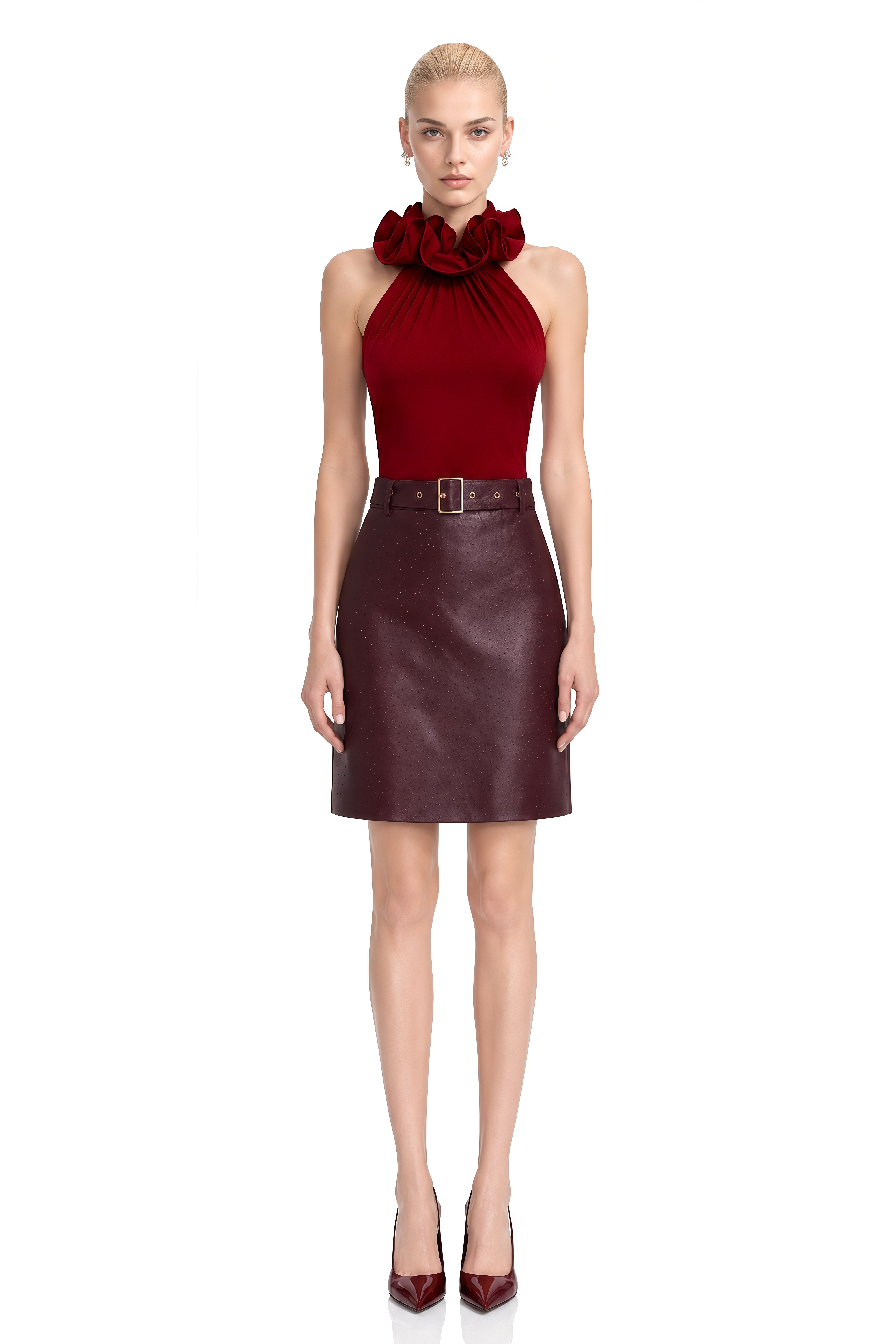 Emmeline Red Halterneck Ruffled Top & Skirt Set