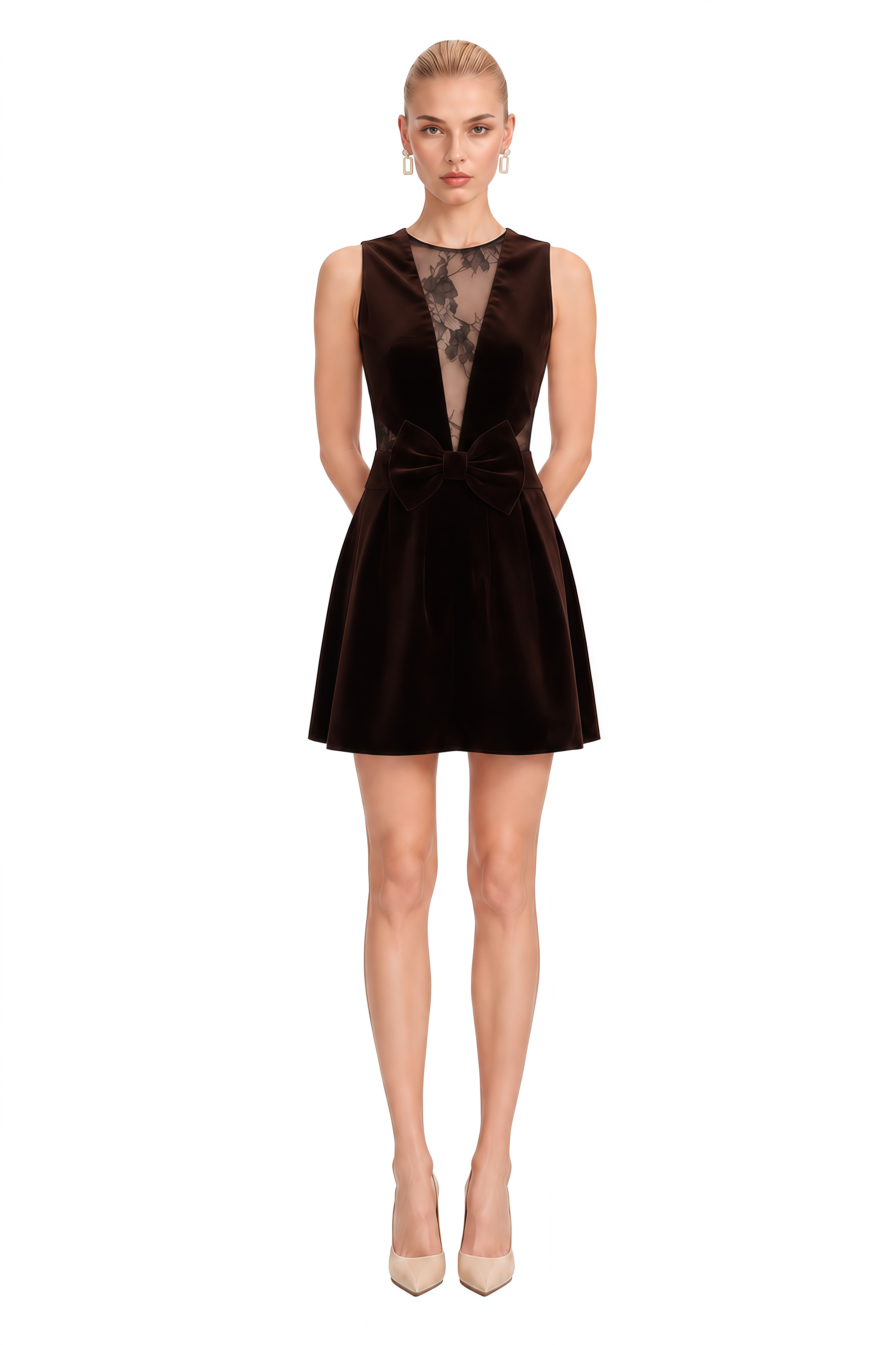 Amelie Brown Round Neck Bow Mini Dress