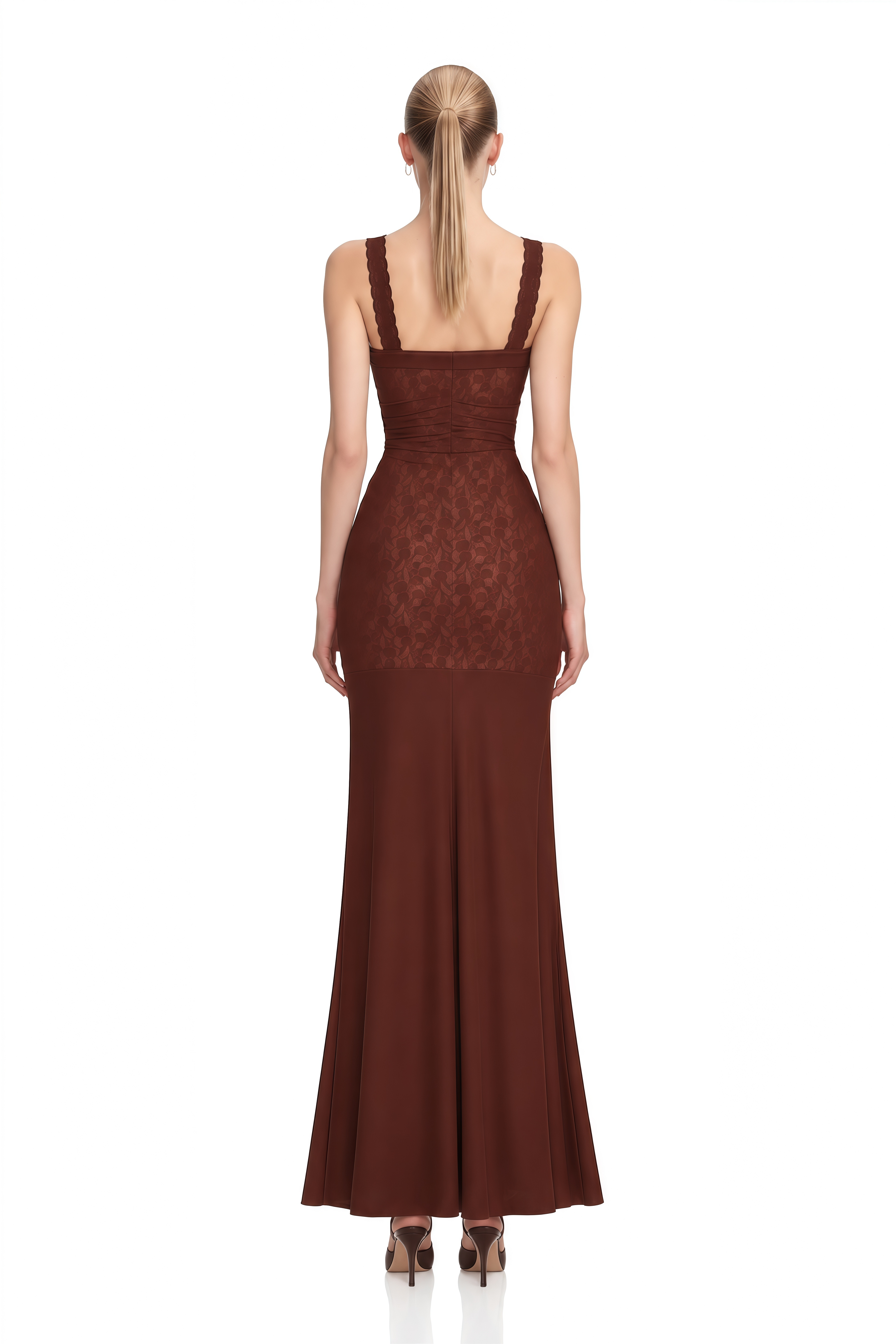 Portia Brown V-Neck Lace Maxi Dress