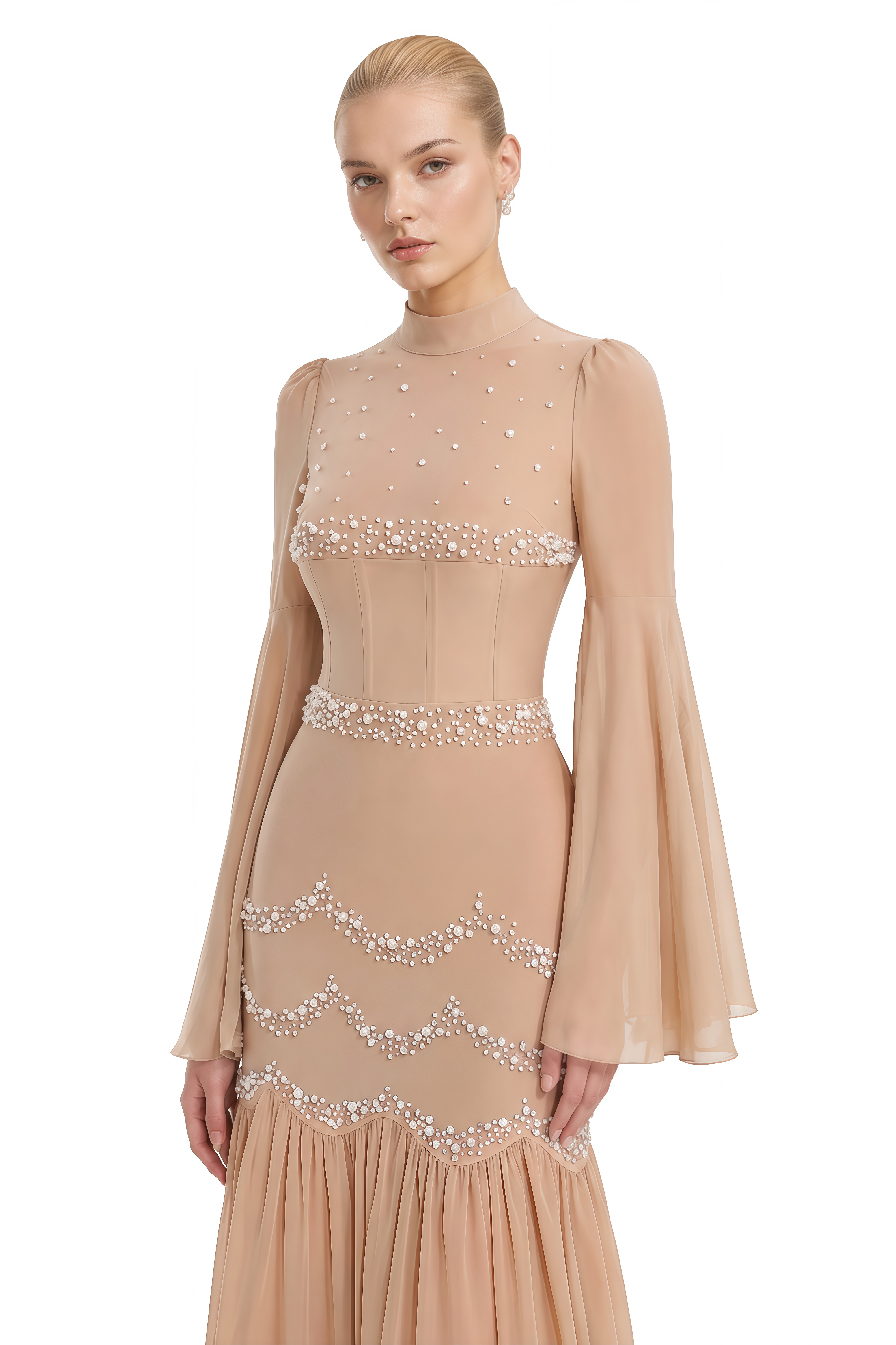 Eira Beige Turtleneck Pleated Maxi Dress