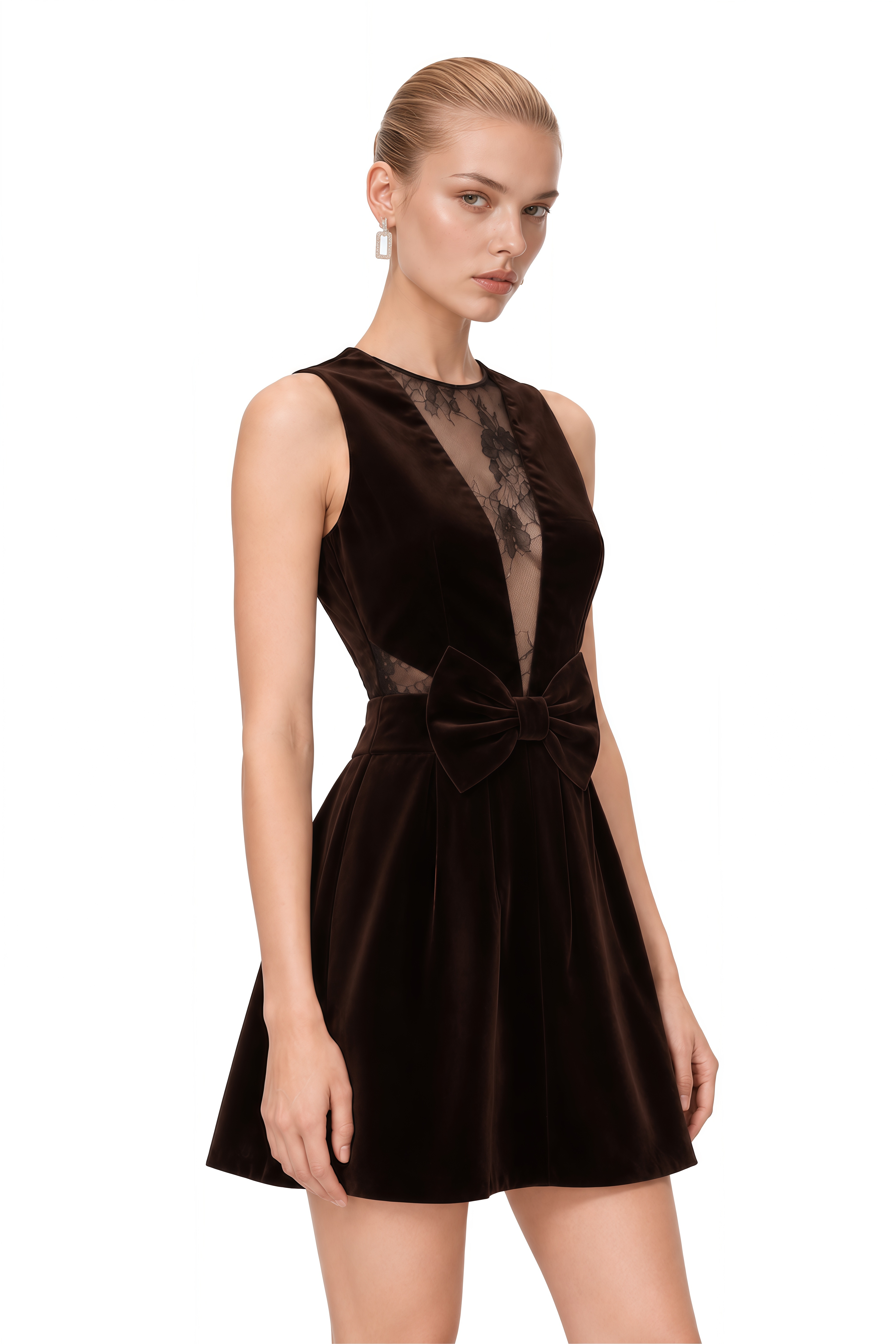 Amelie Brown Round Neck Bow Mini Dress