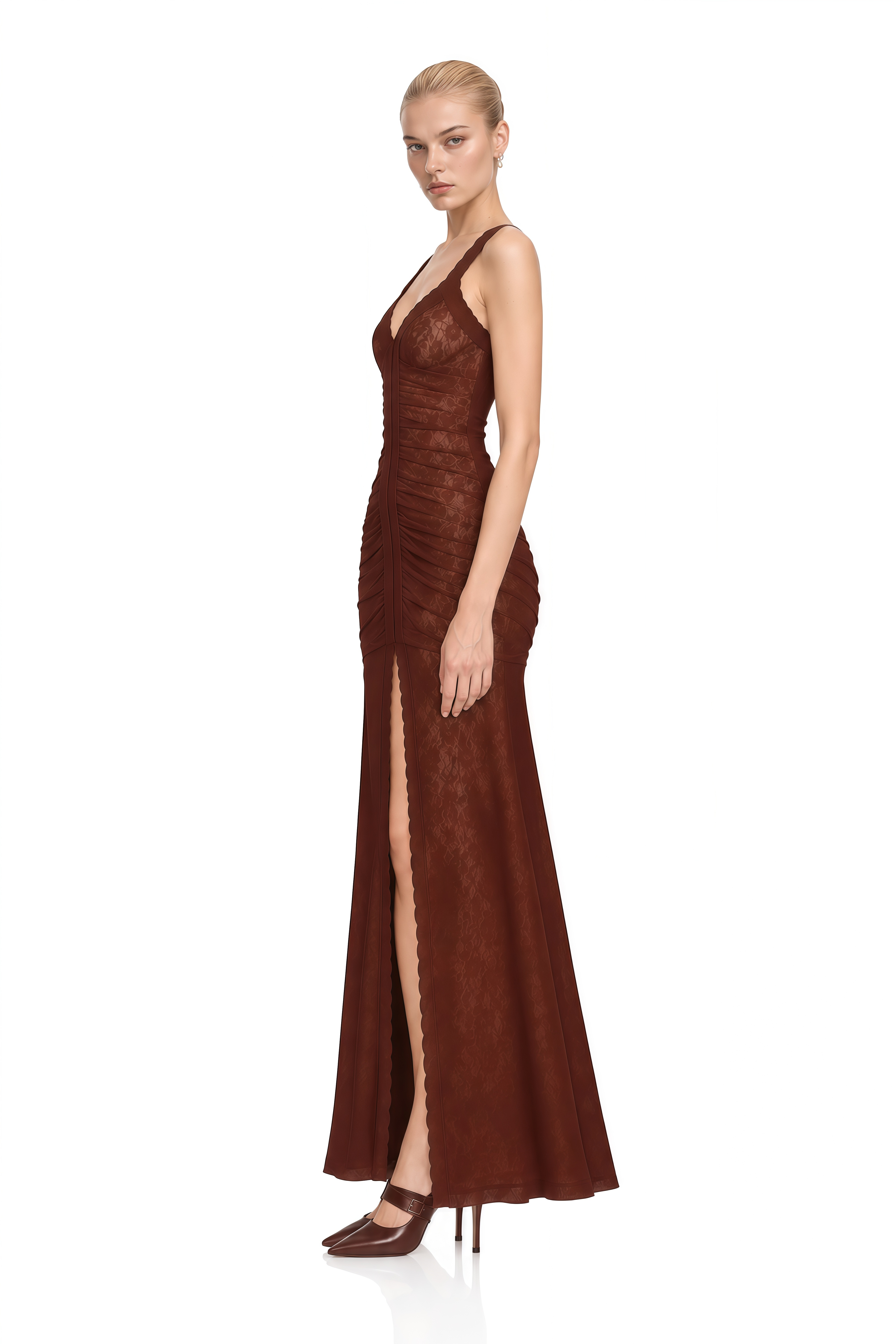 Portia Brown V-Neck Lace Maxi Dress