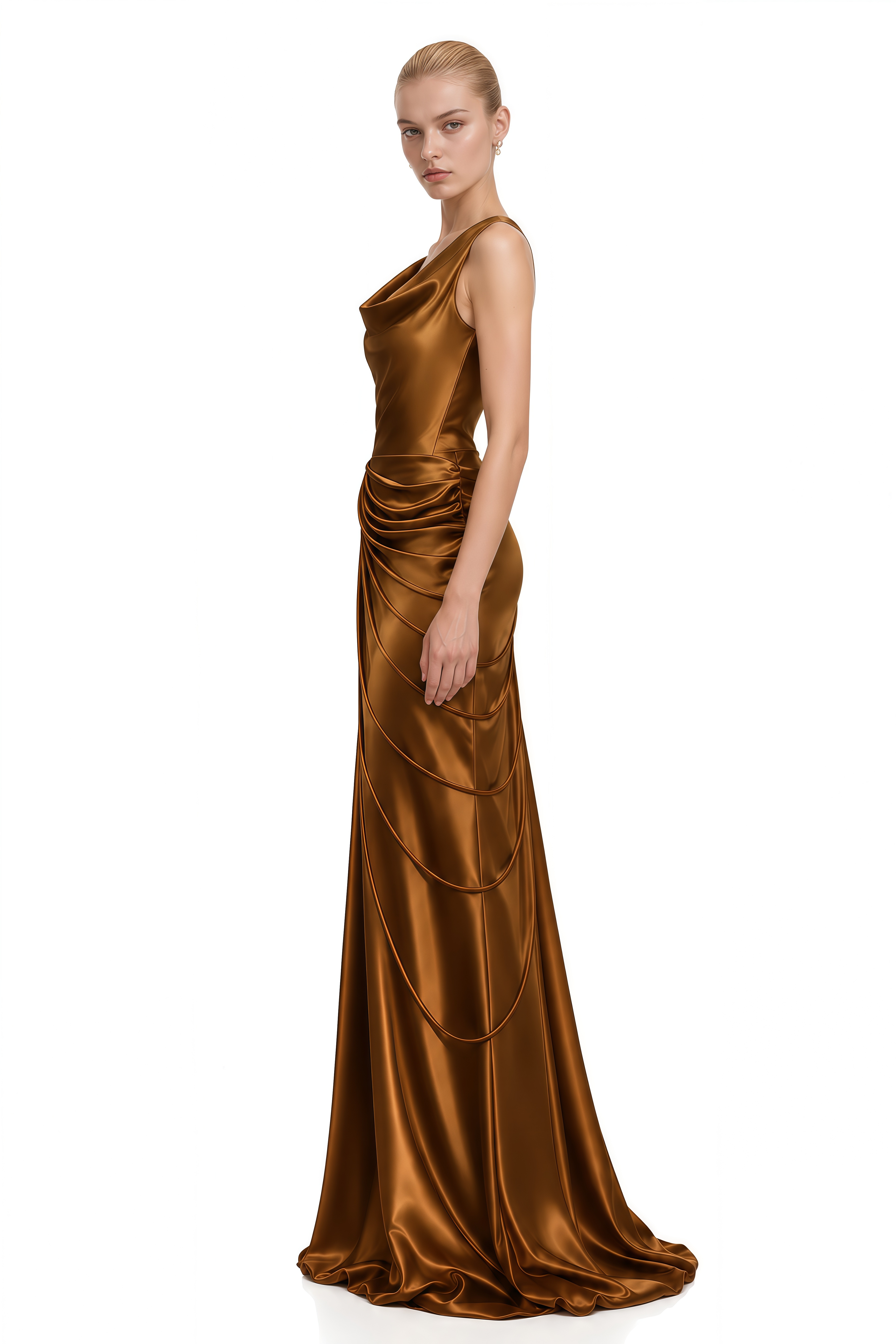 Beatrice Brown Sleeveless Ruched Maxi Dress