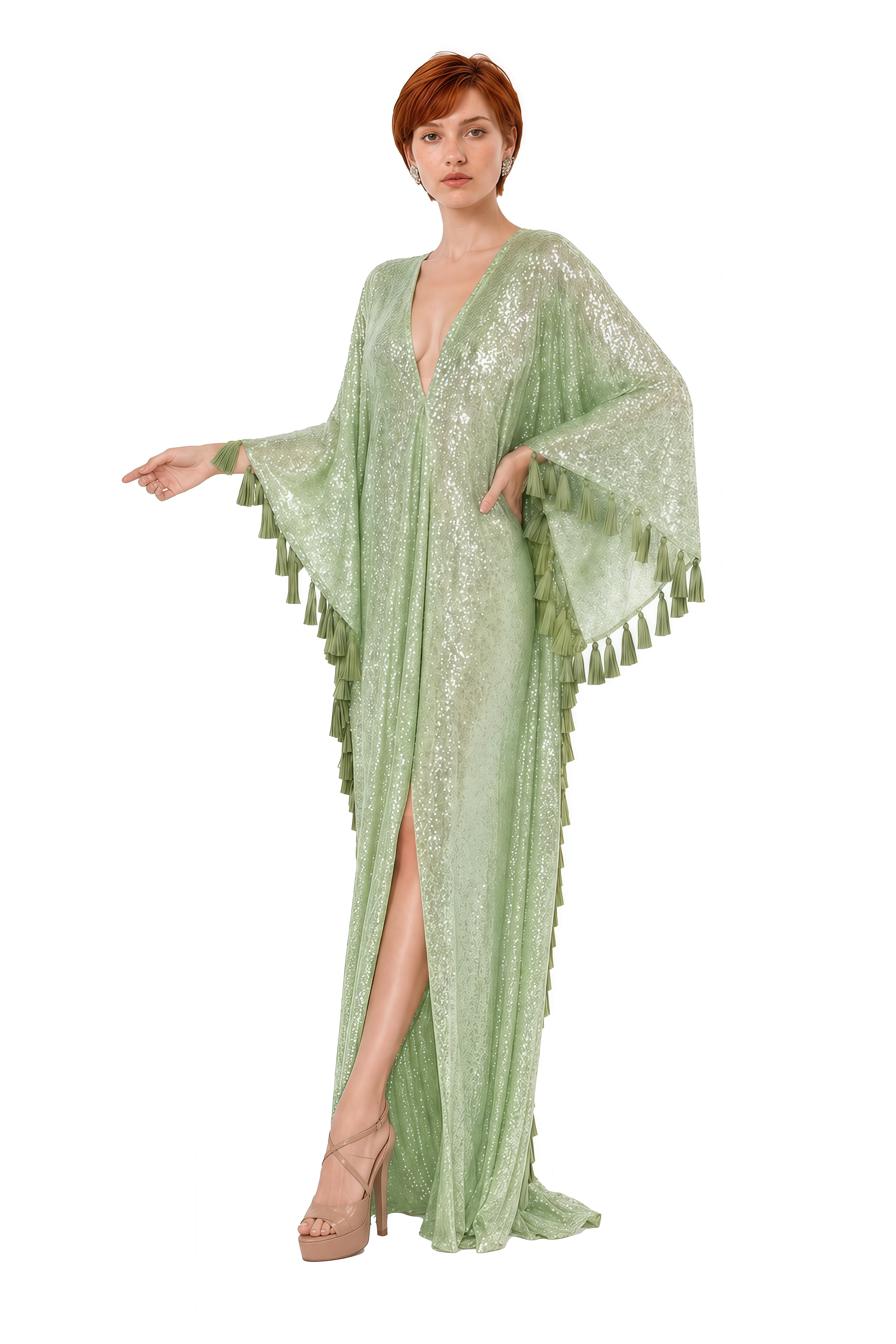 Estelle Green V-Neck Sequin Maxi Dress