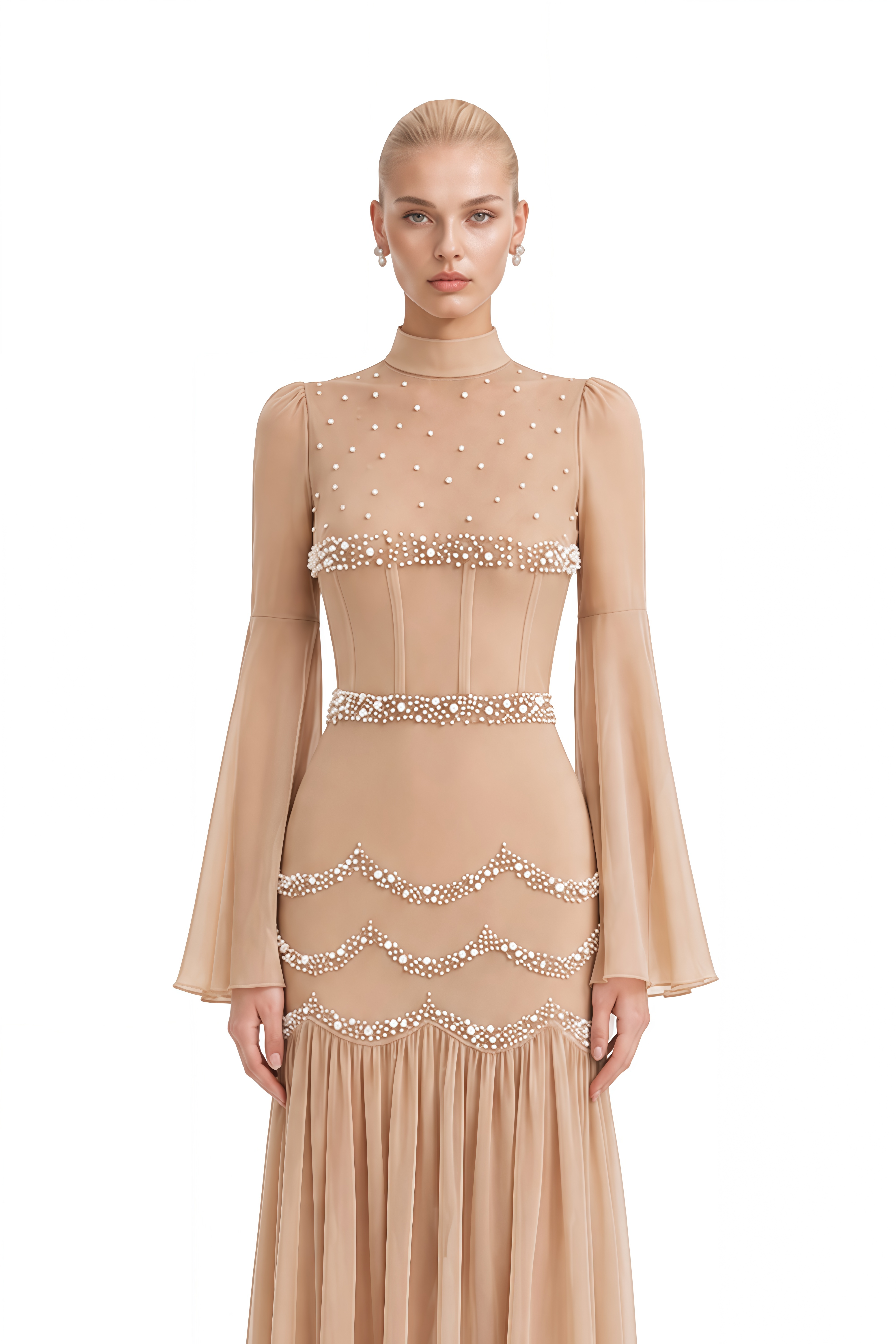 Eira Beige Turtleneck Pleated Maxi Dress