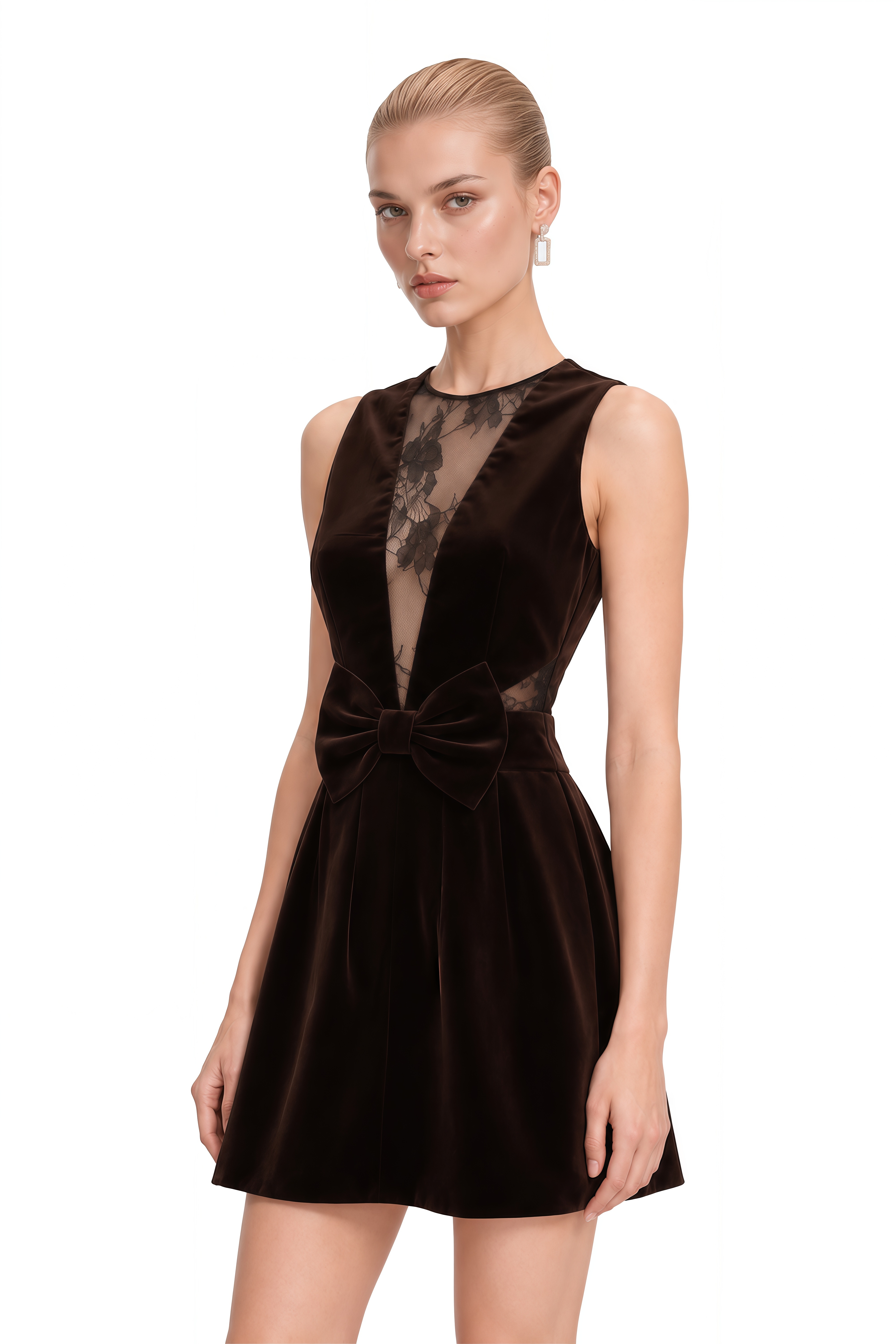 Amelie Brown Round Neck Bow Mini Dress