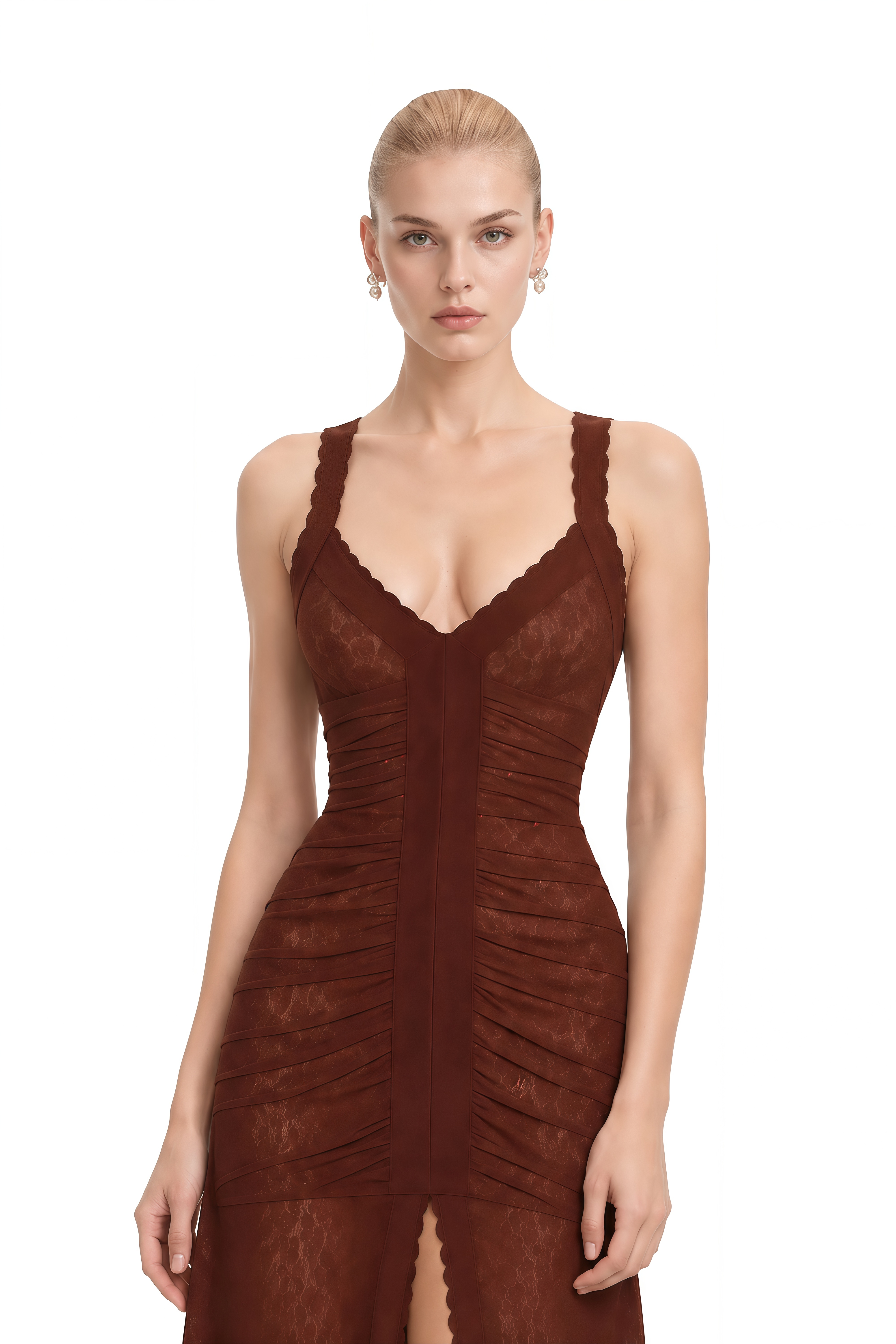 Portia Brown V-Neck Lace Maxi Dress