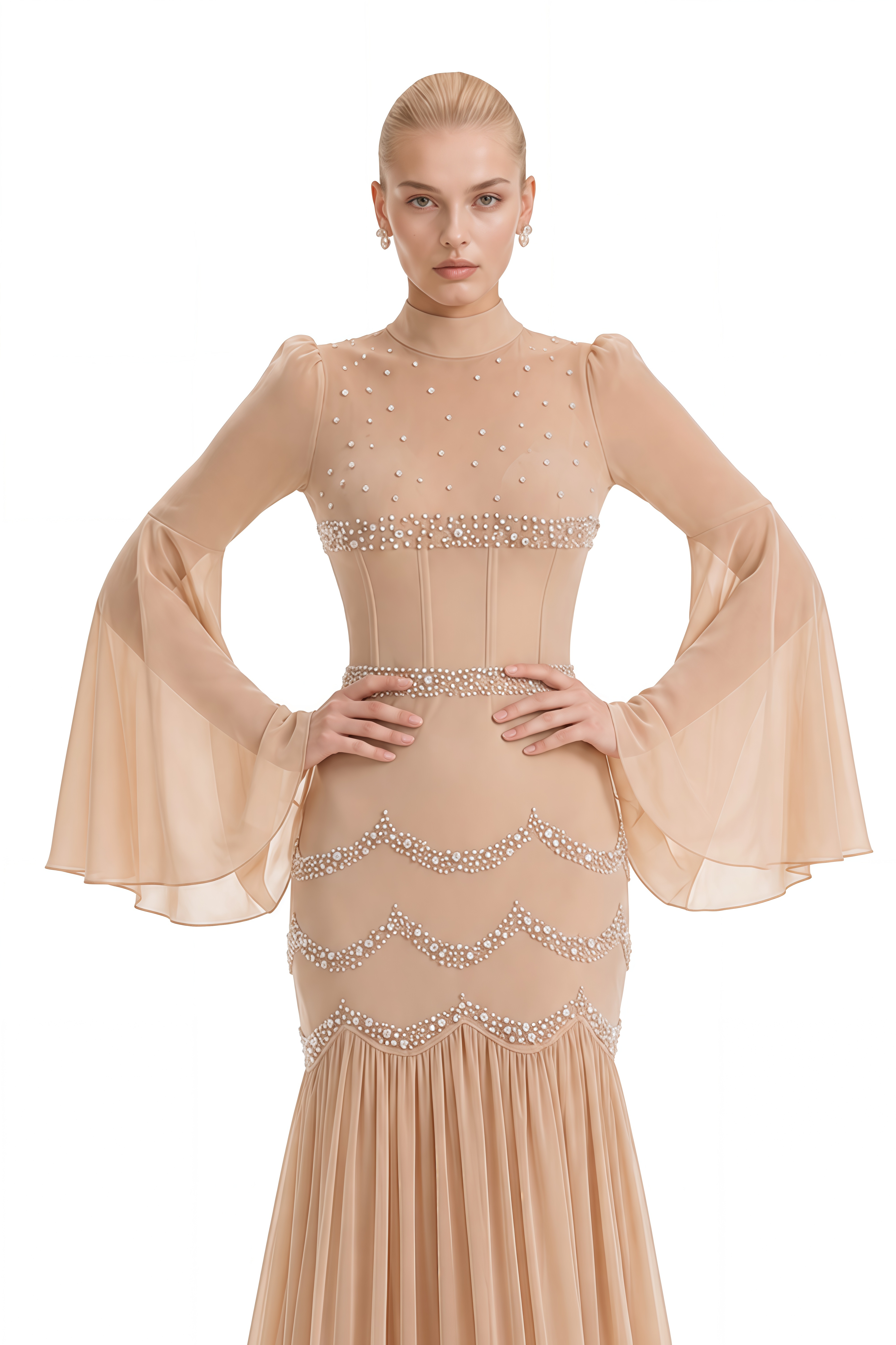 Eira Beige Turtleneck Pleated Maxi Dress
