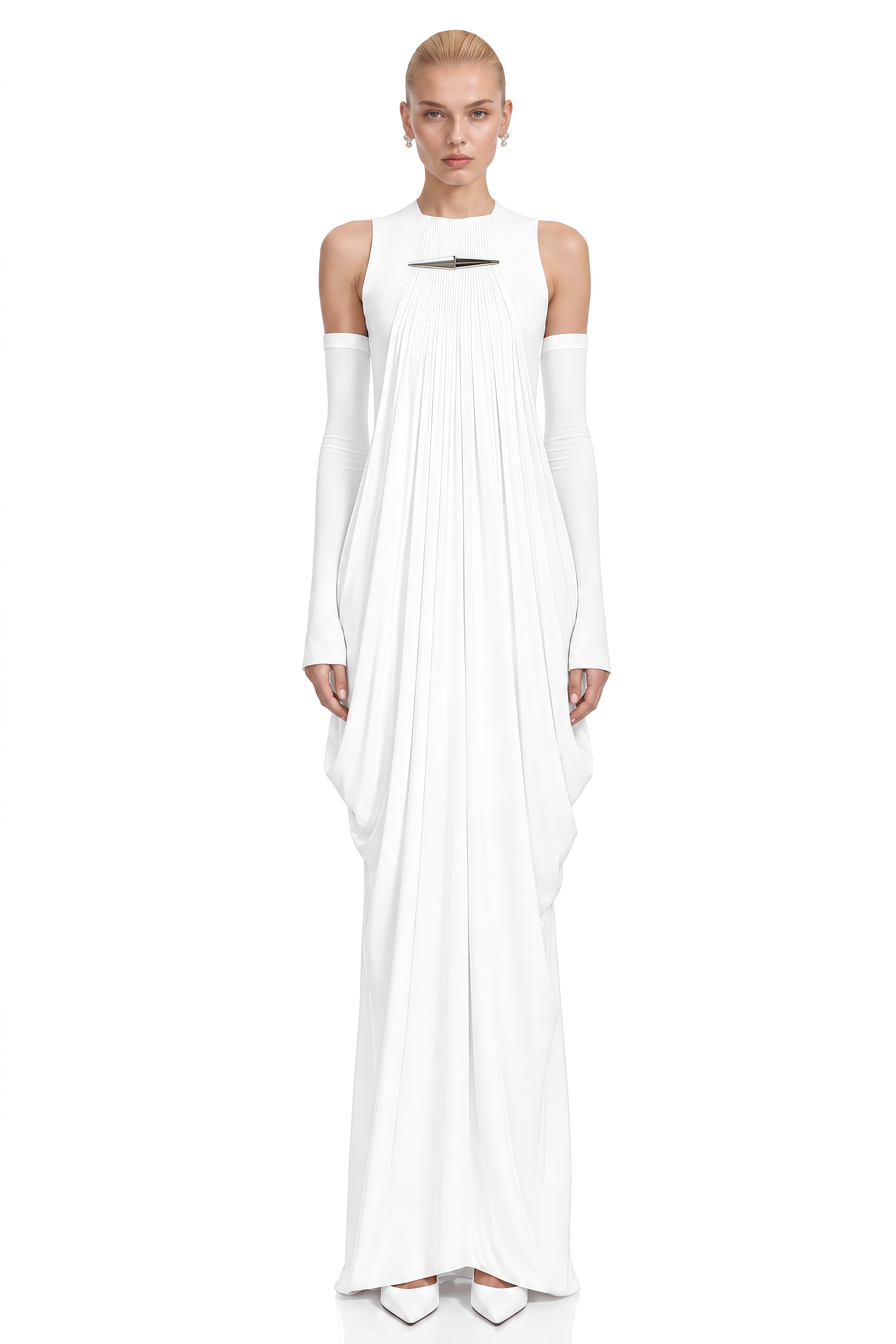 Serenity White Round Neck Draped Maxi Dress