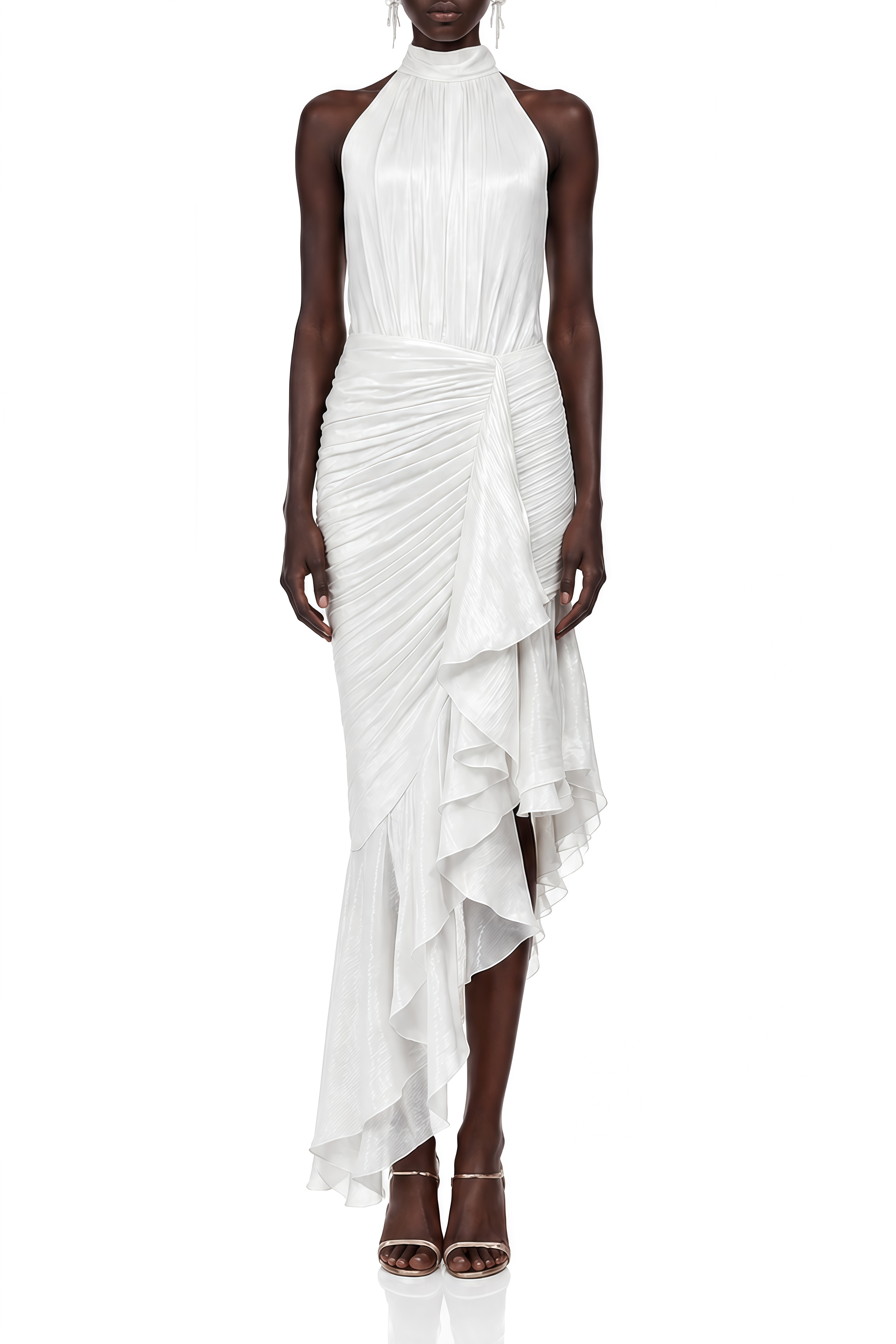 Charlotte White Asymmetrical Ruffled Maxi Dress