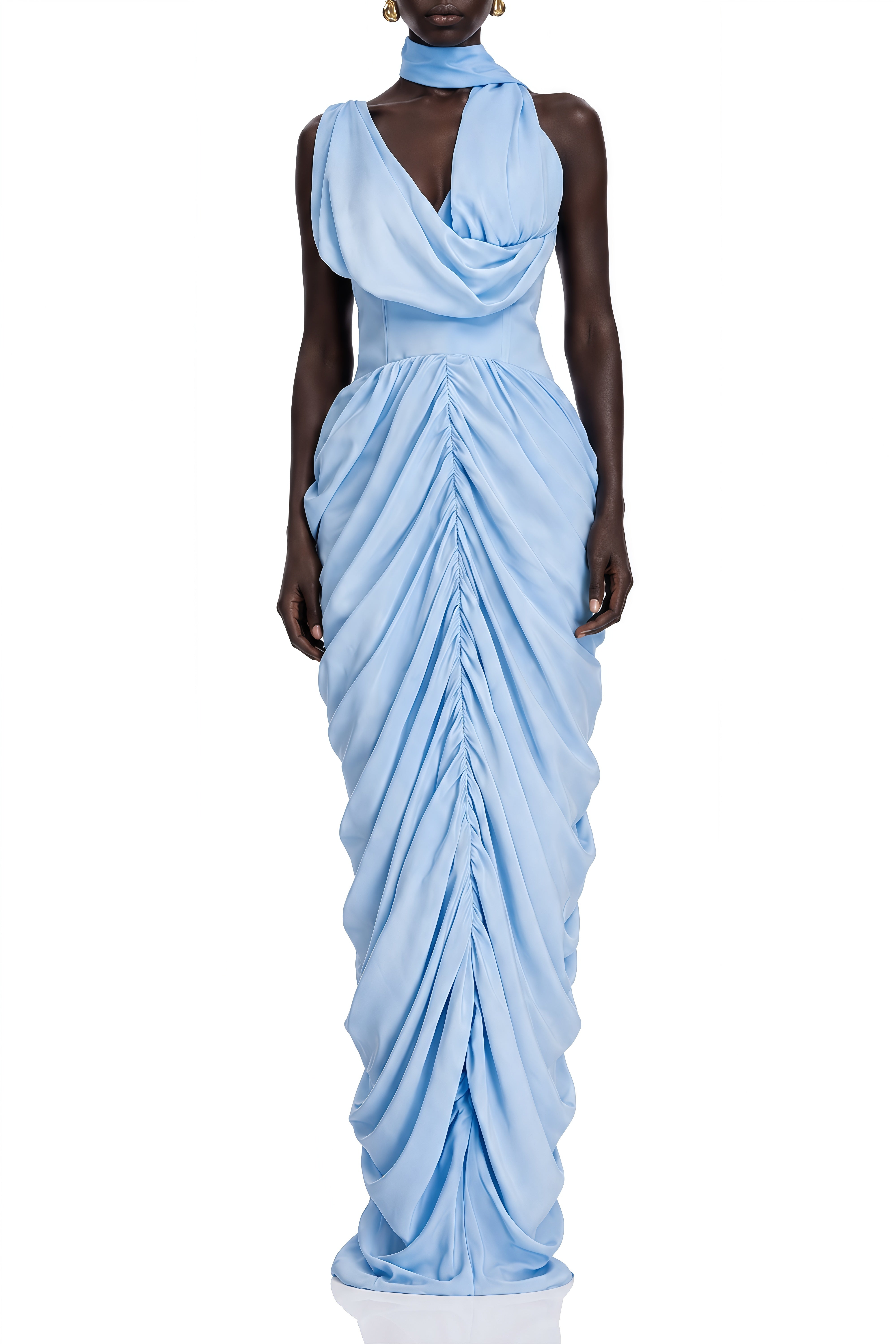 Celine Light Blue Sleeveless Ruched Maxi Dress