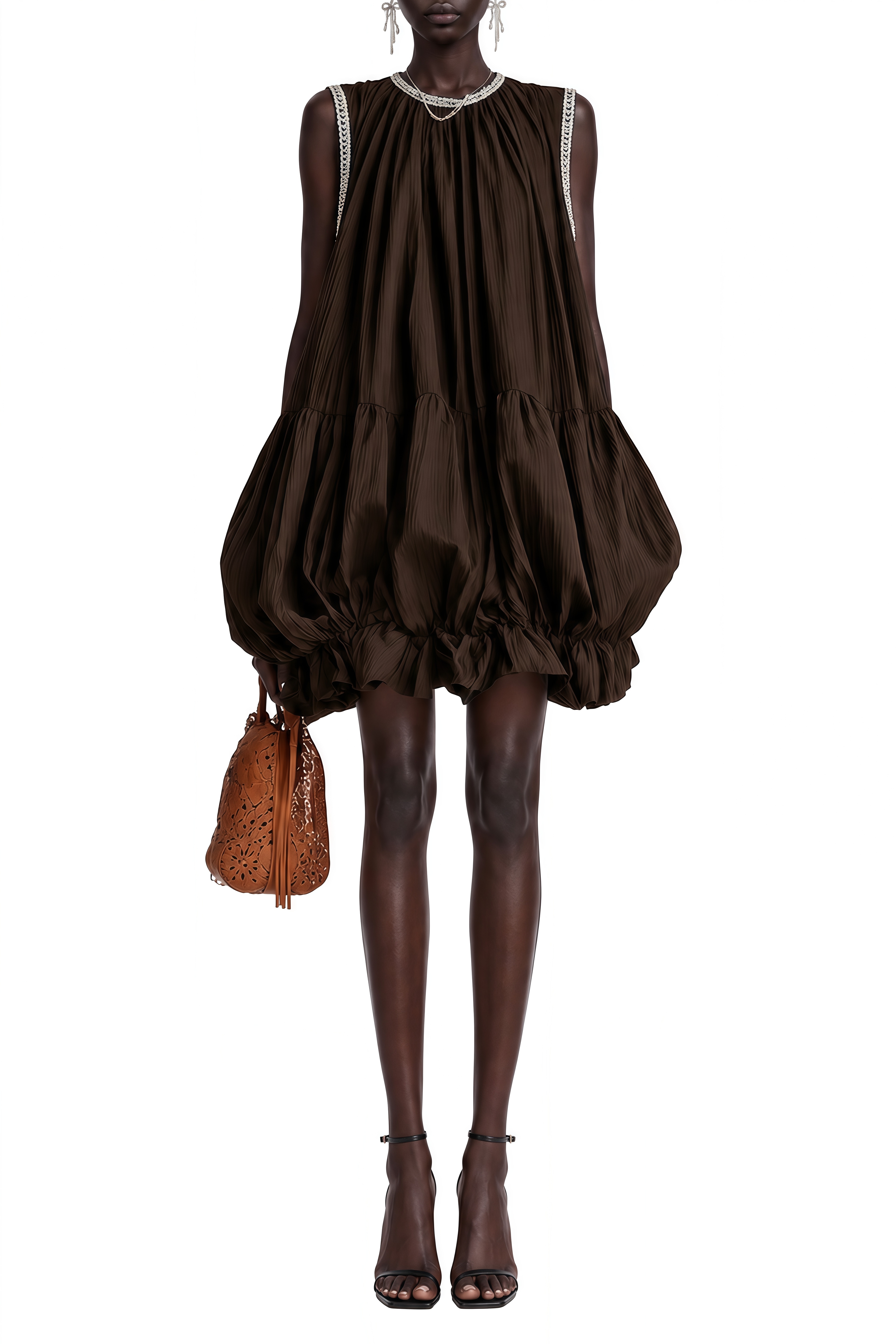 Clarisse Brown Sleeveless Puffy Mini Dress