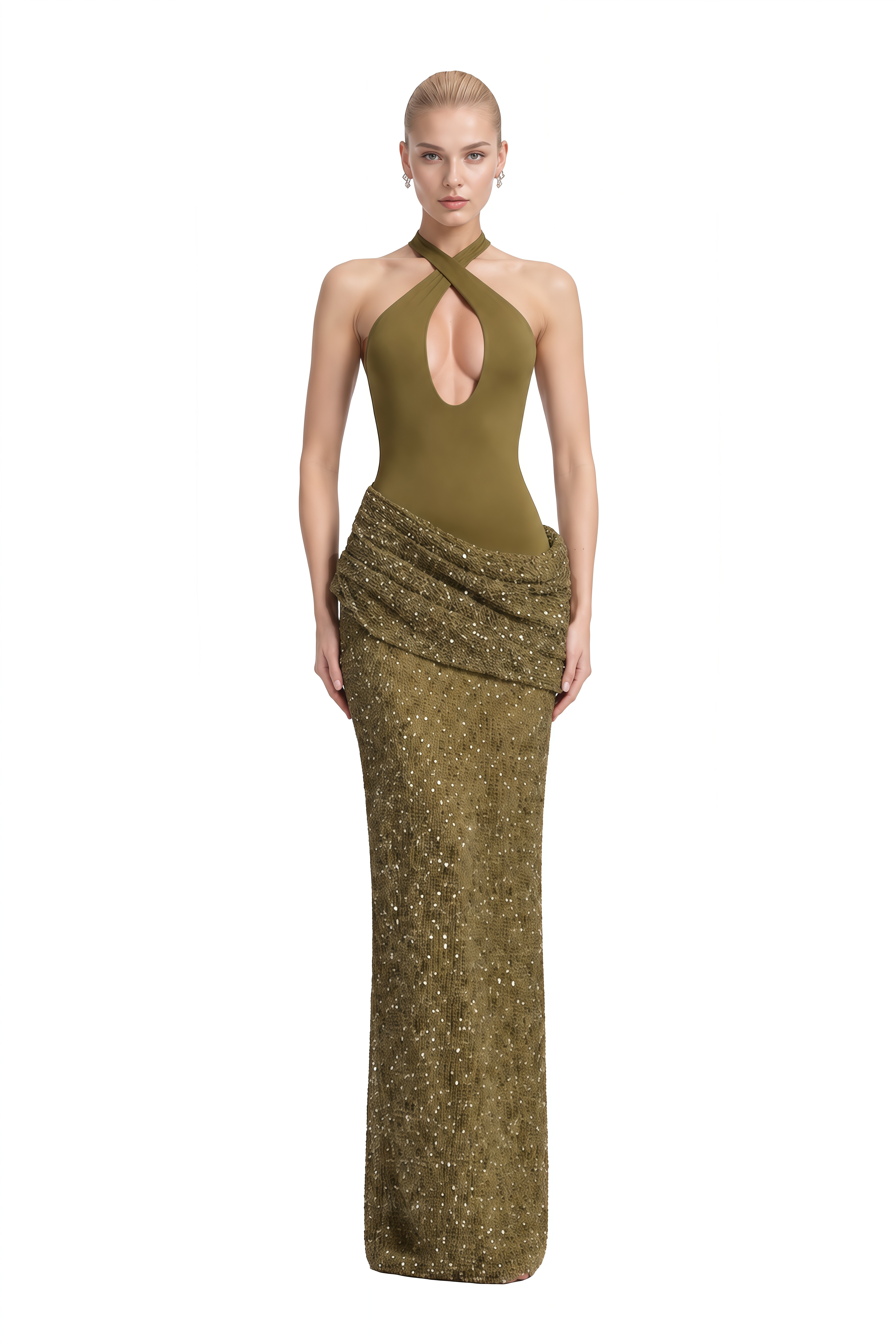 Emerson Olive Green Halterneck Sequin Maxi Dress