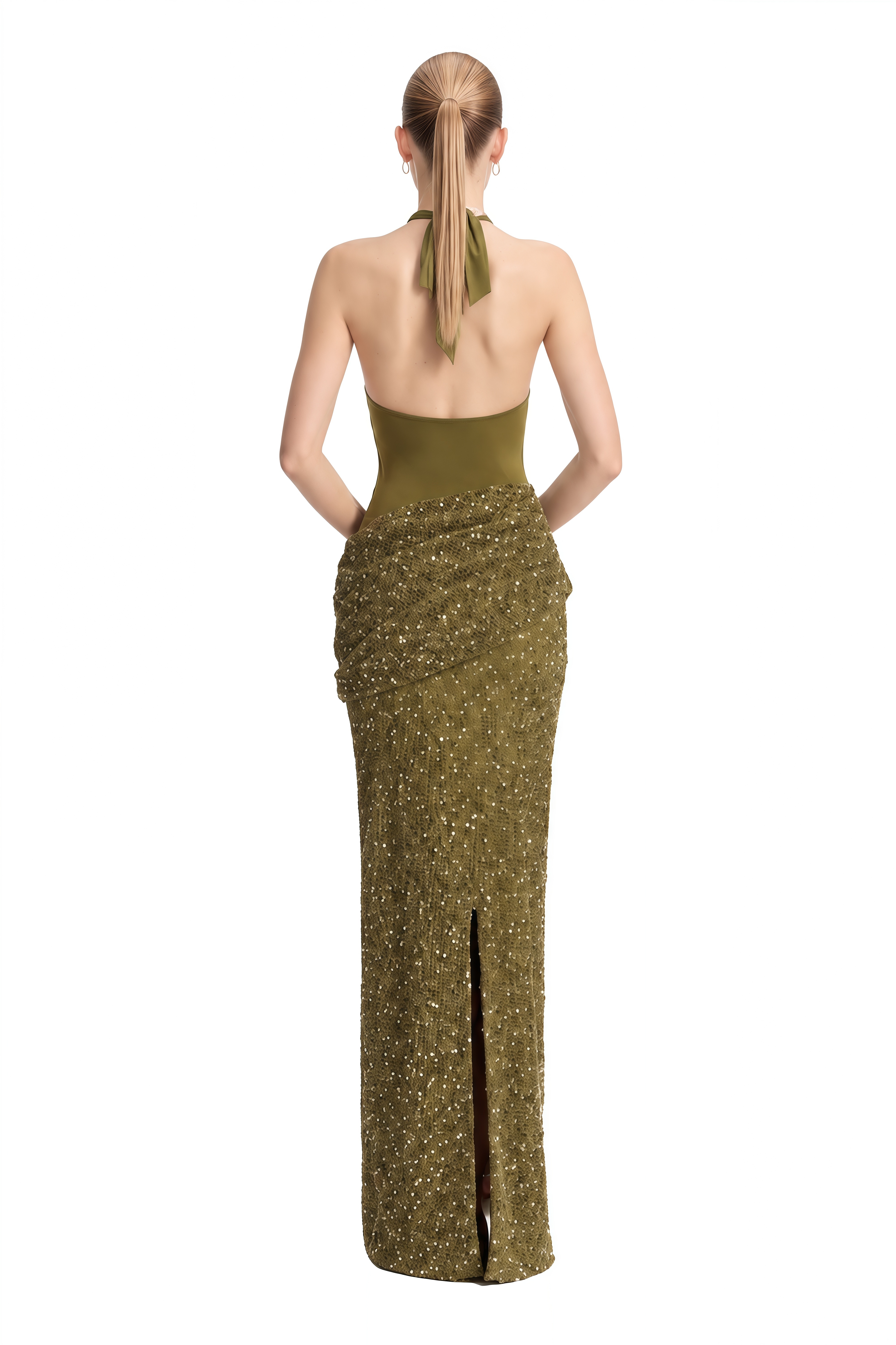 Emerson Olive Green Halterneck Sequin Maxi Dress