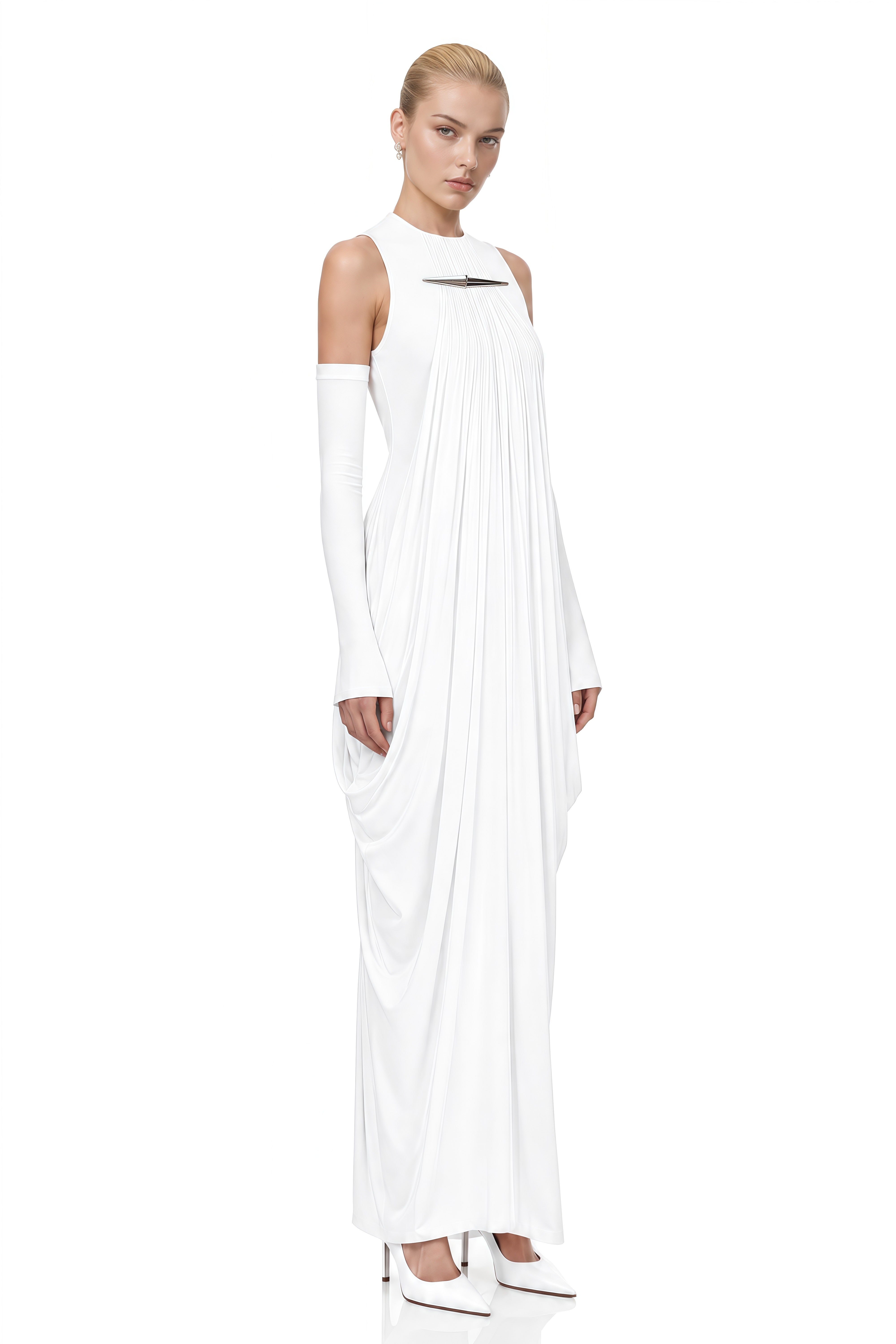 Serenity White Round Neck Draped Maxi Dress