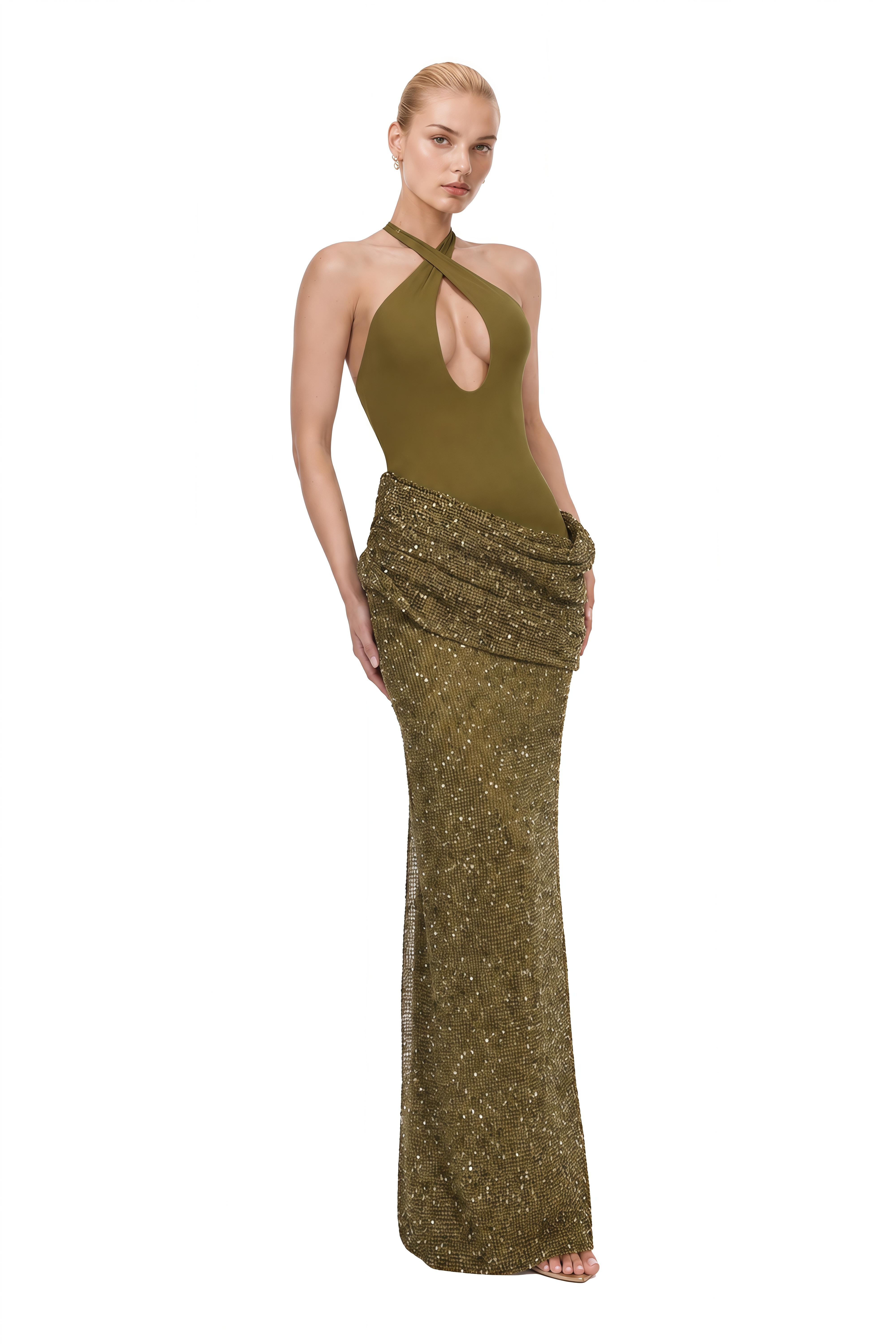 Emerson Olive Green Halterneck Sequin Maxi Dress