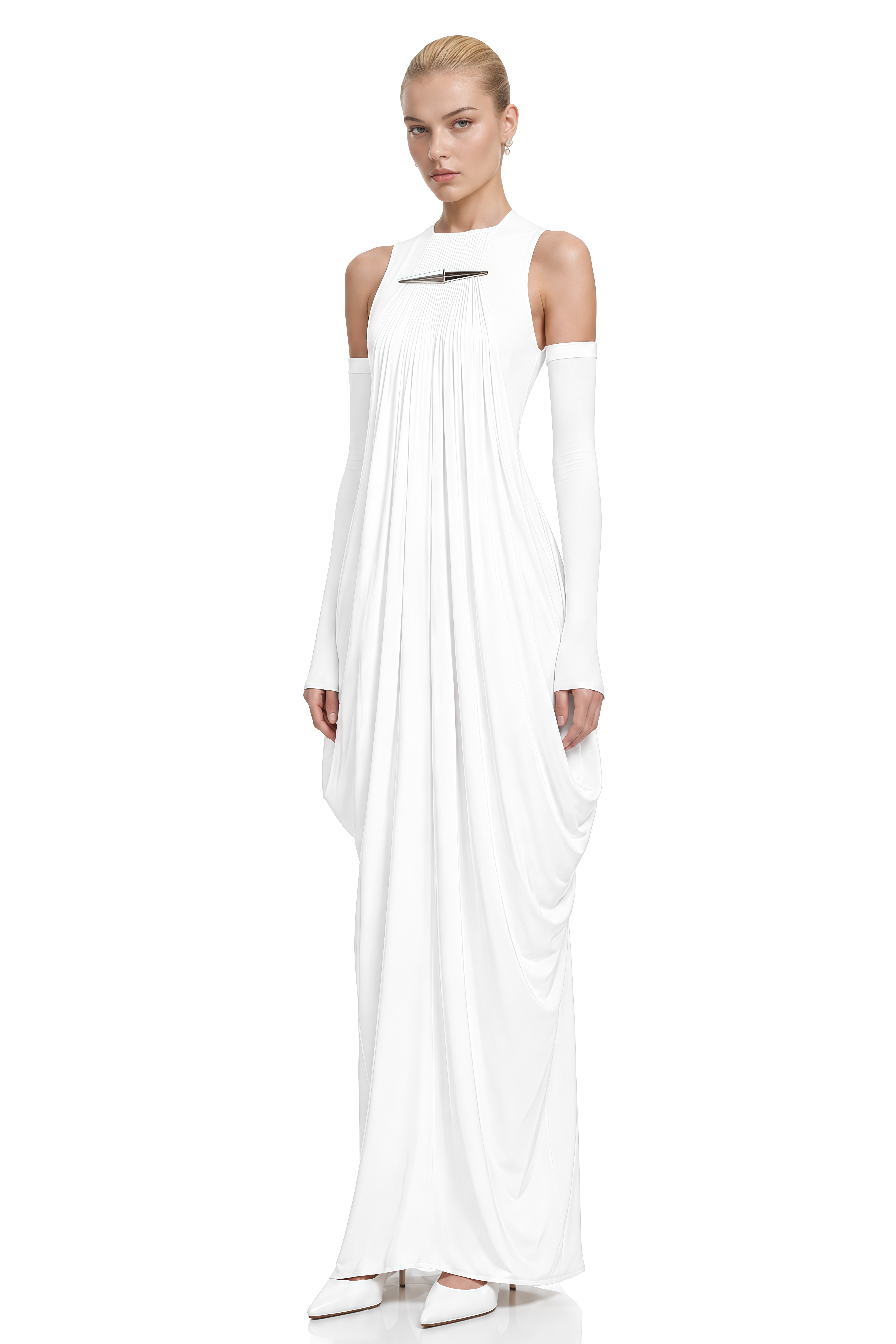 Serenity White Round Neck Draped Maxi Dress