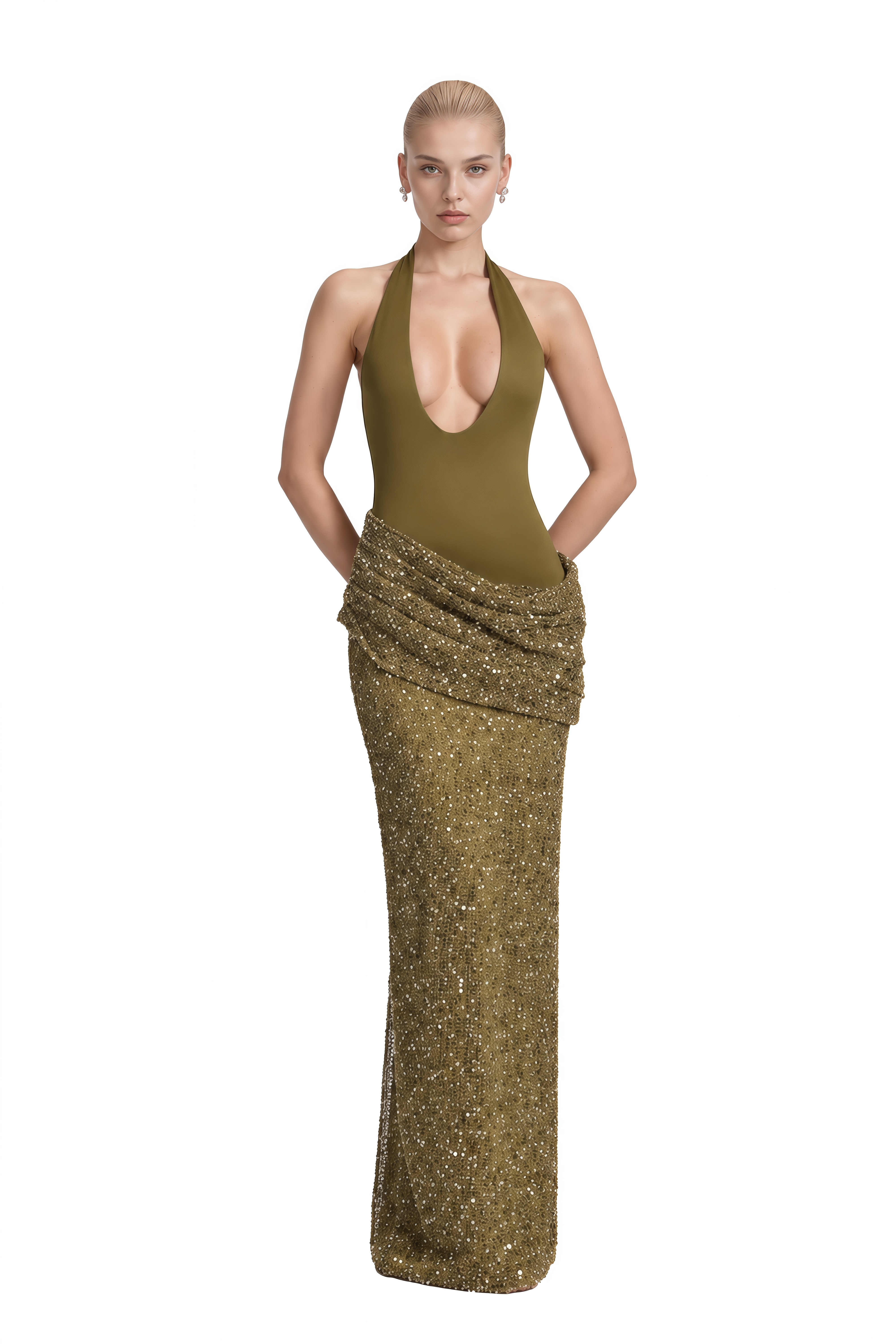 Emerson Olive Green Halterneck Sequin Maxi Dress