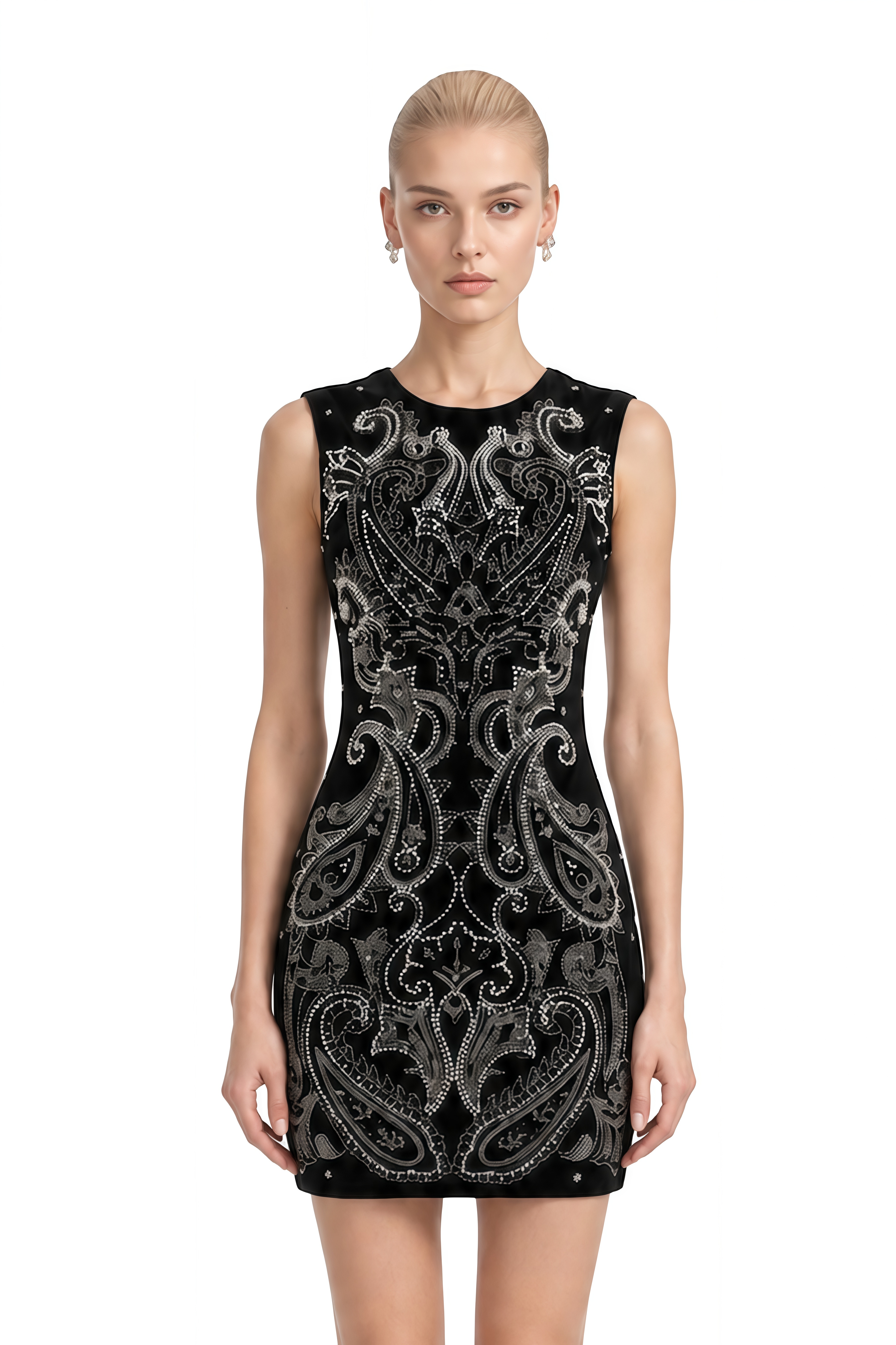 Gwendolyn Black Round Neck Embellished Mini Dress