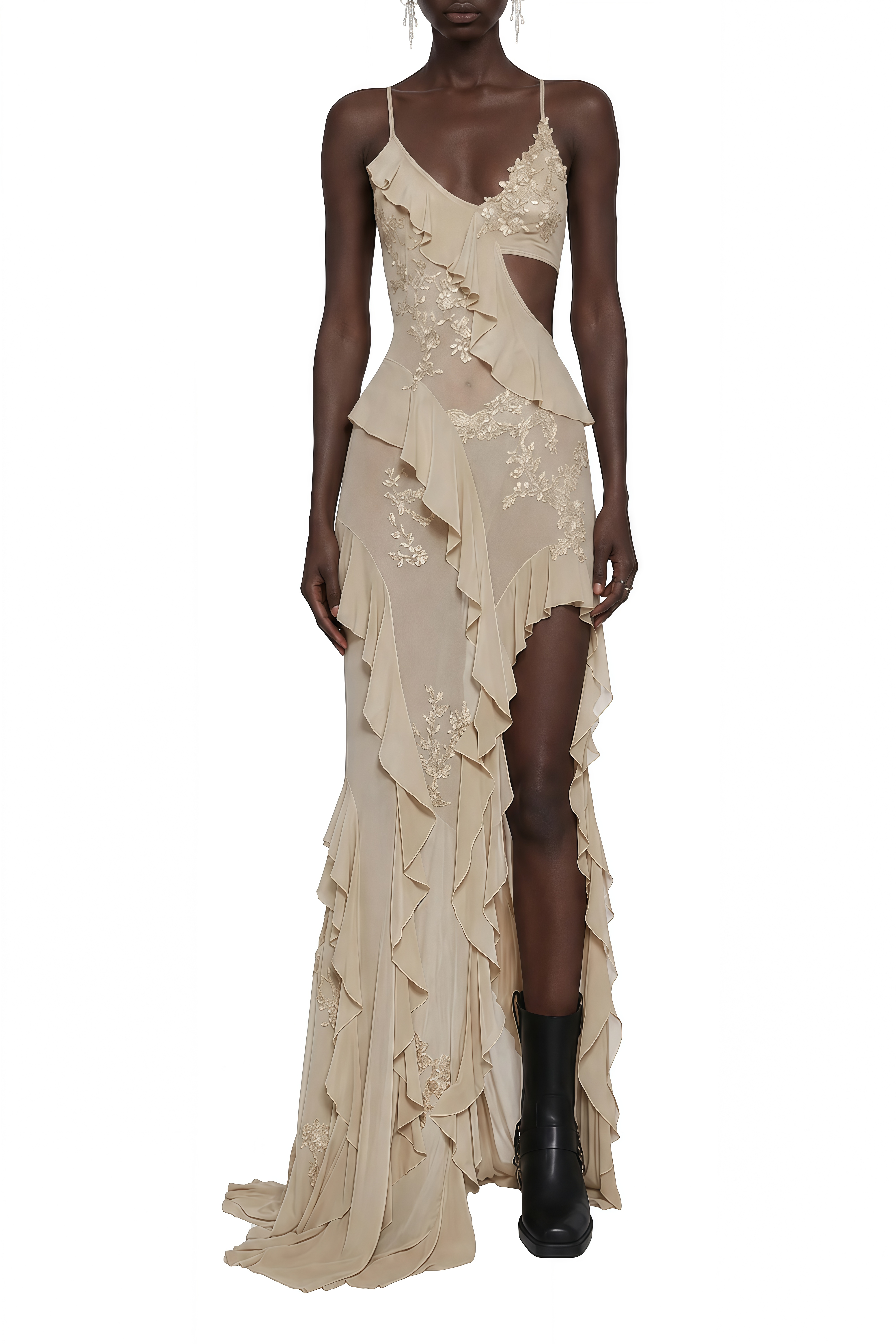 Isolde Khaki Cut-Out Ruffled Maxi Dress