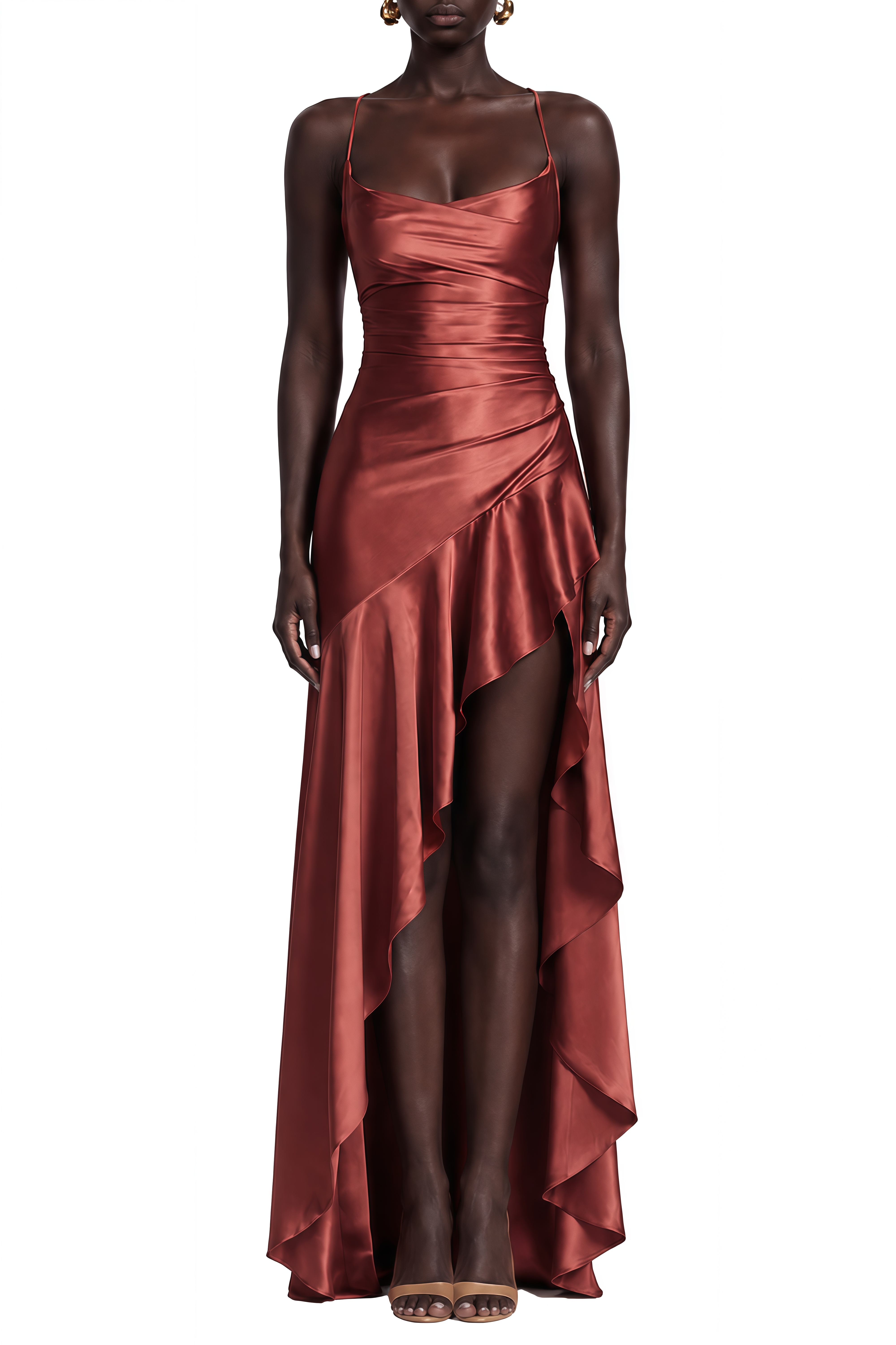 Vienne Rust Red Sleeveless Ruffled Maxi Dress