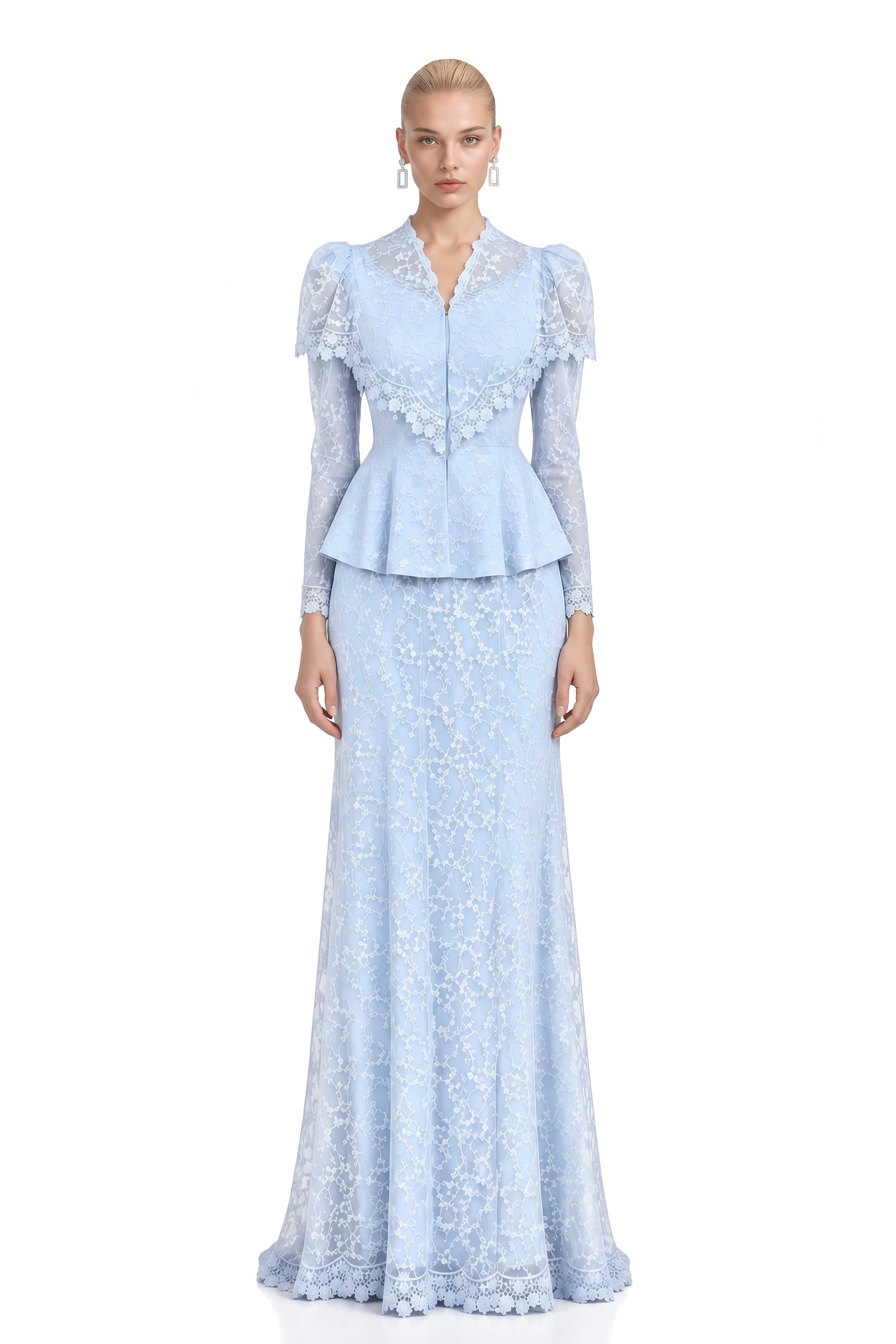 Noelle Light Blue Puff Sleeve Lace Top & Skirt Set