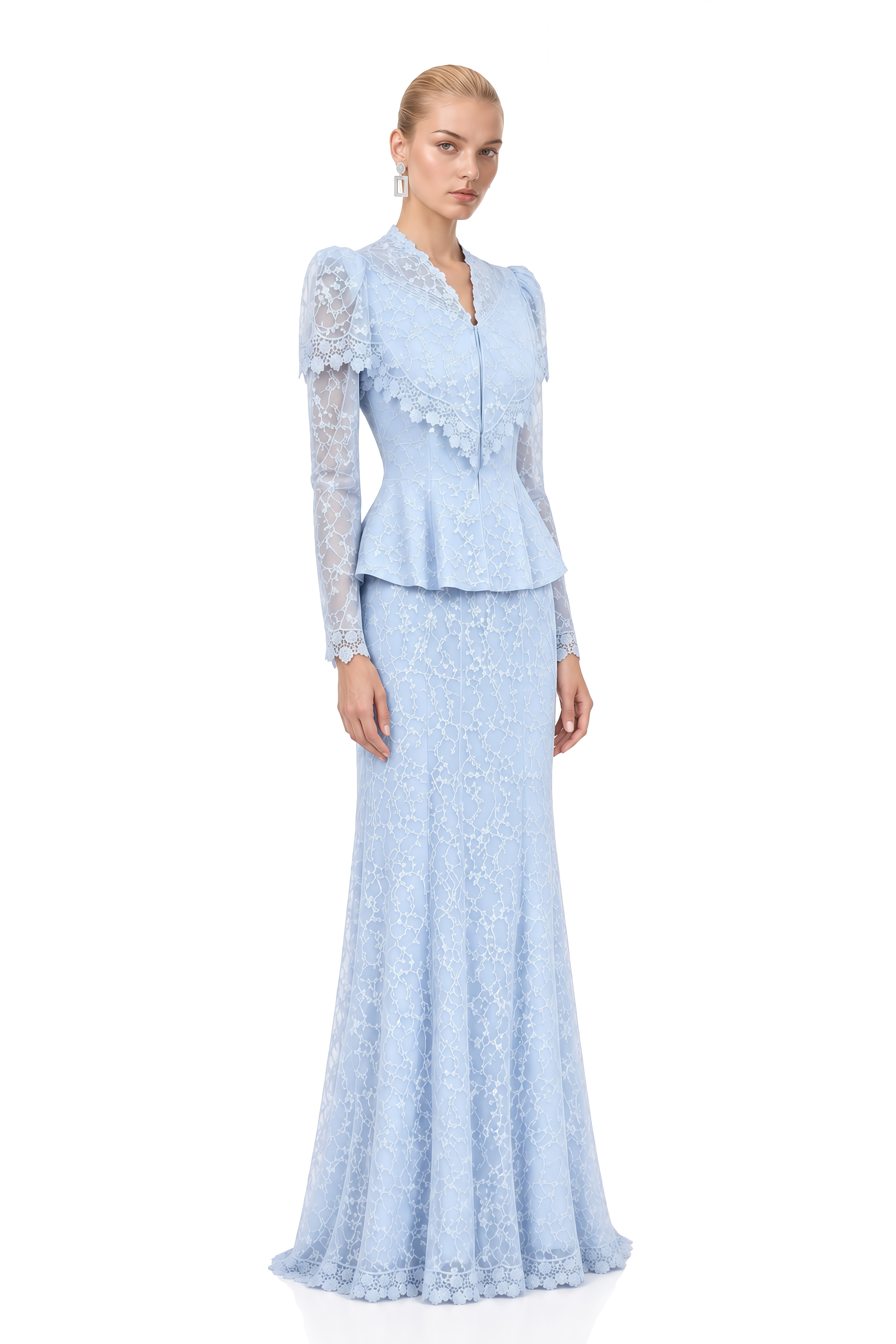 Noelle Light Blue Puff Sleeve Lace Top & Skirt Set