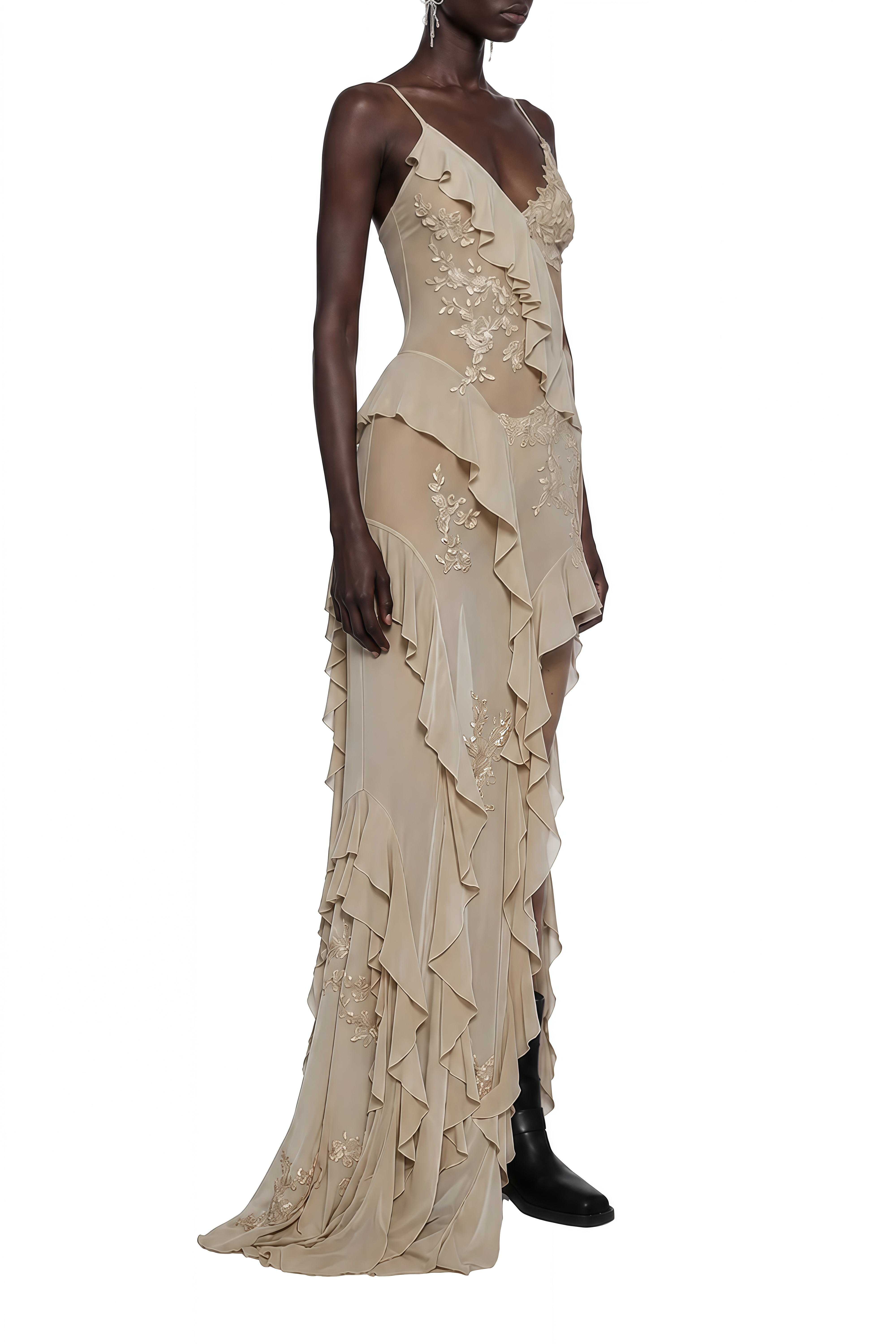 Isolde Khaki Cut-Out Ruffled Maxi Dress