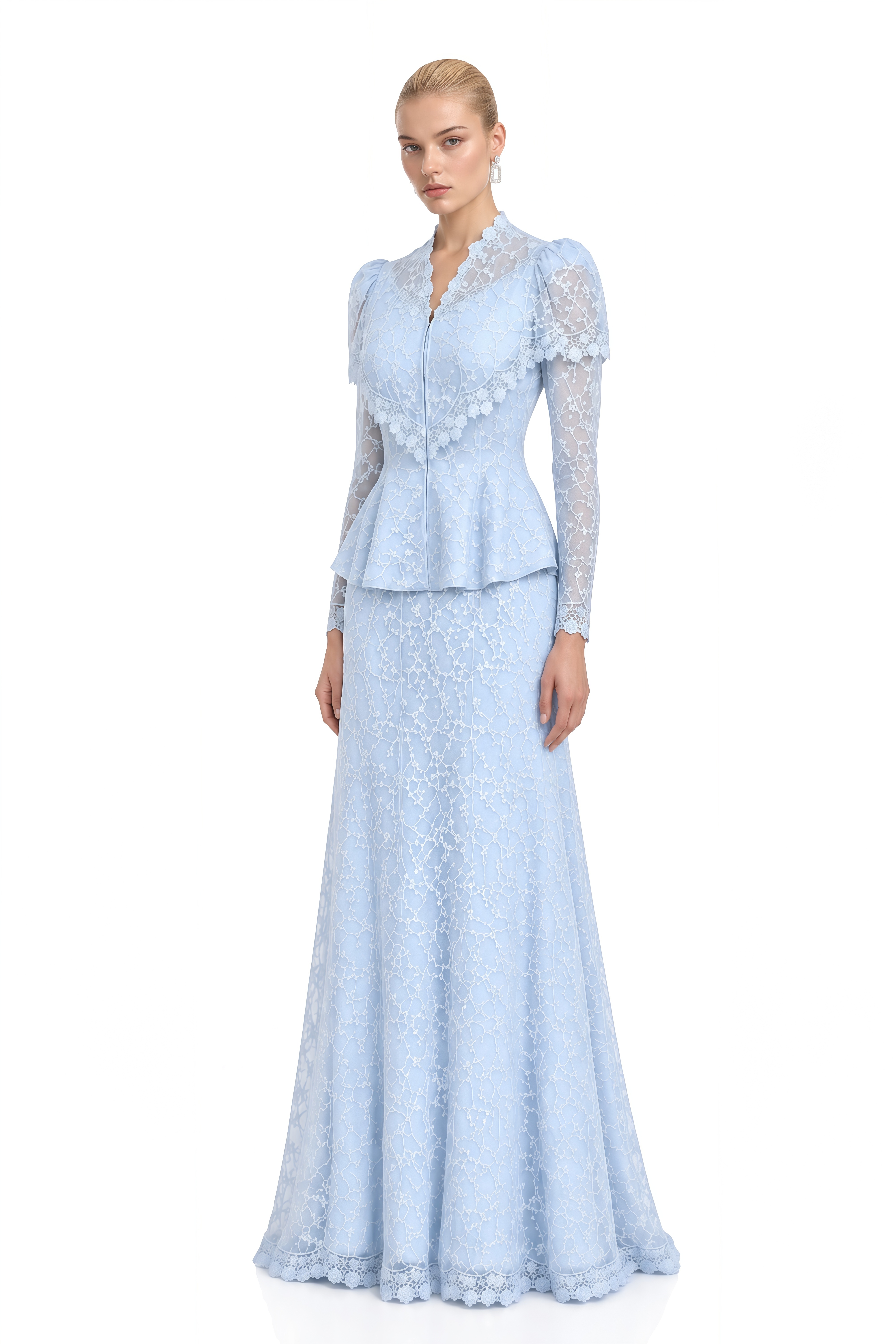 Noelle Light Blue Puff Sleeve Lace Top & Skirt Set