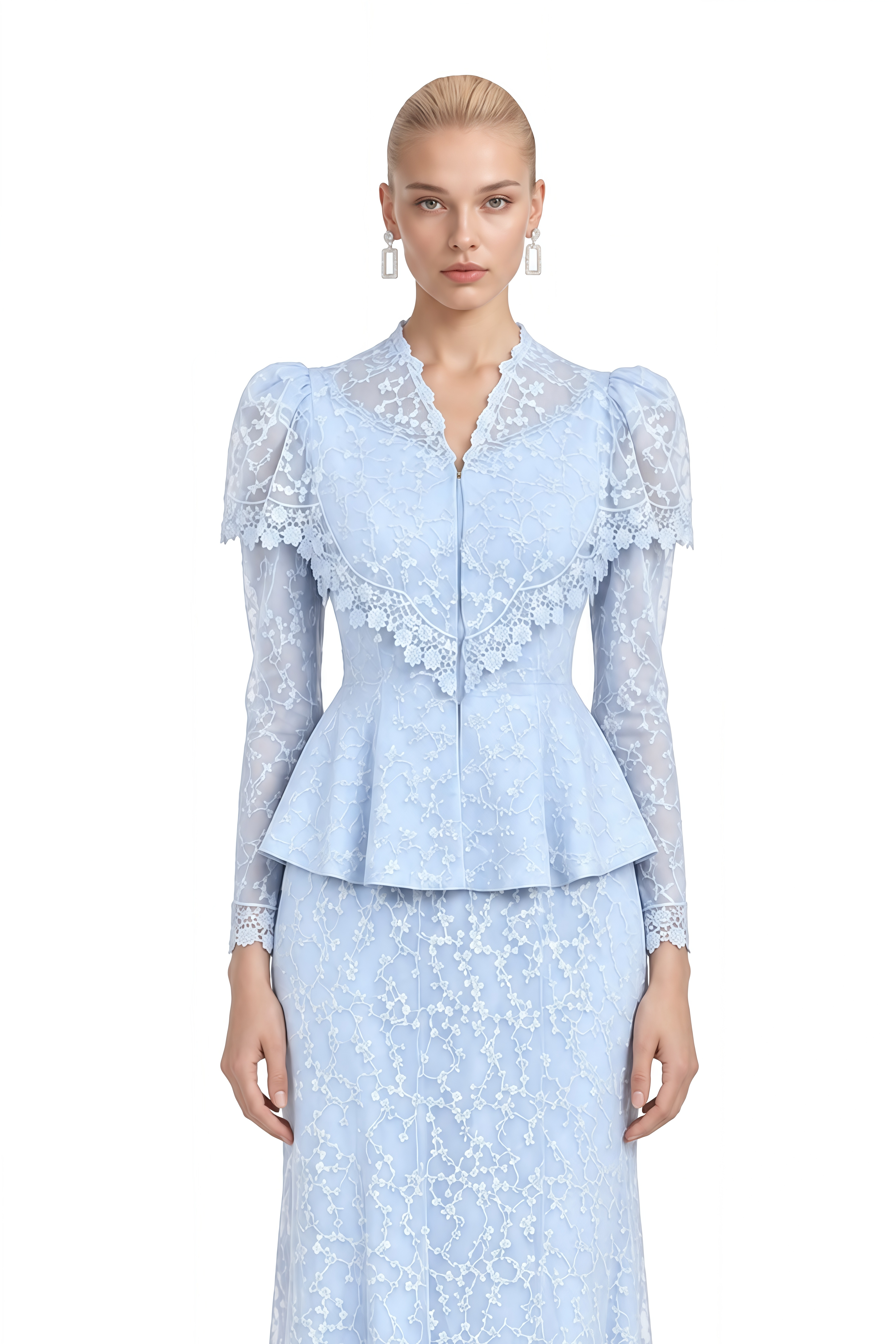 Noelle Light Blue Puff Sleeve Lace Top & Skirt Set