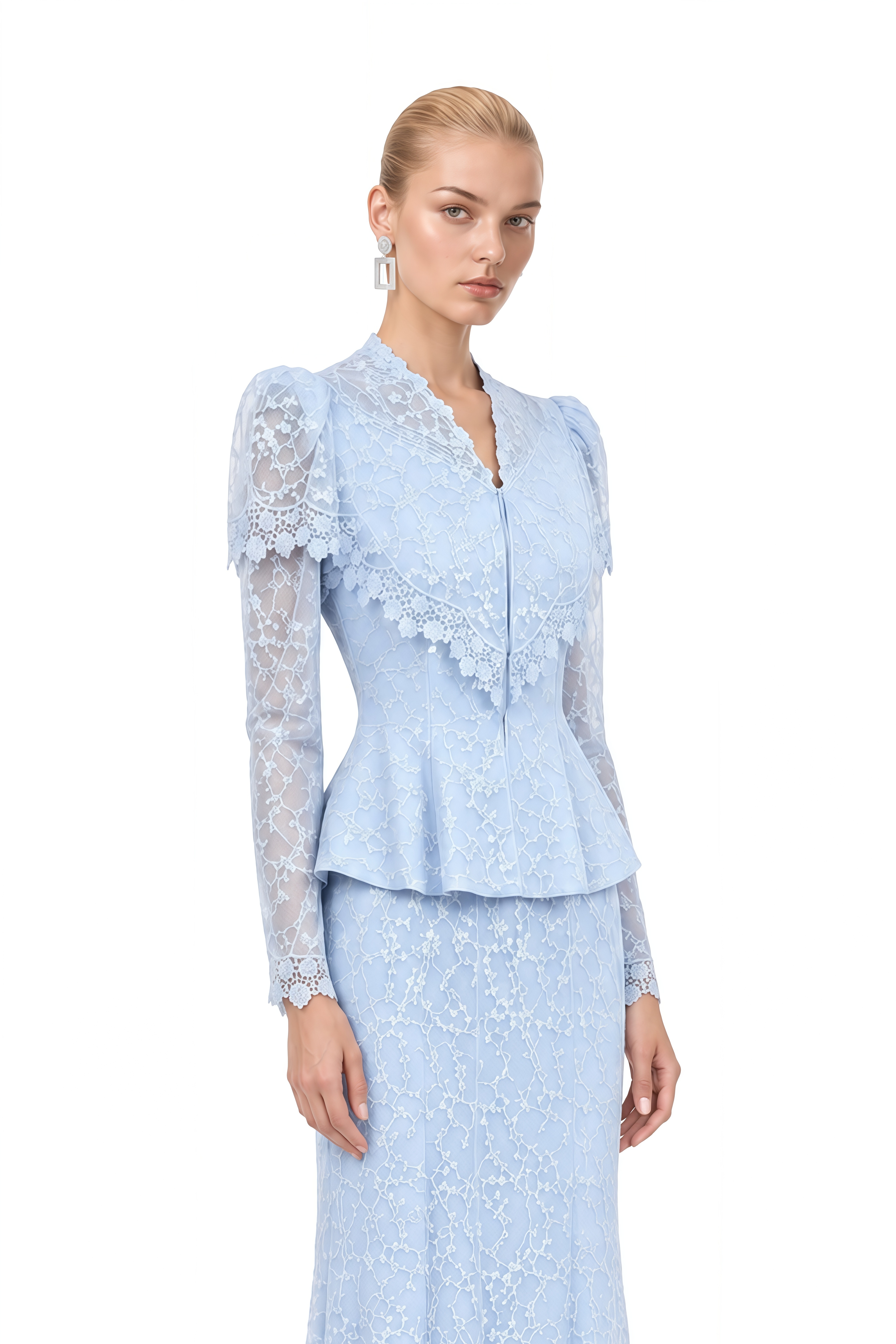 Noelle Light Blue Puff Sleeve Lace Top & Skirt Set