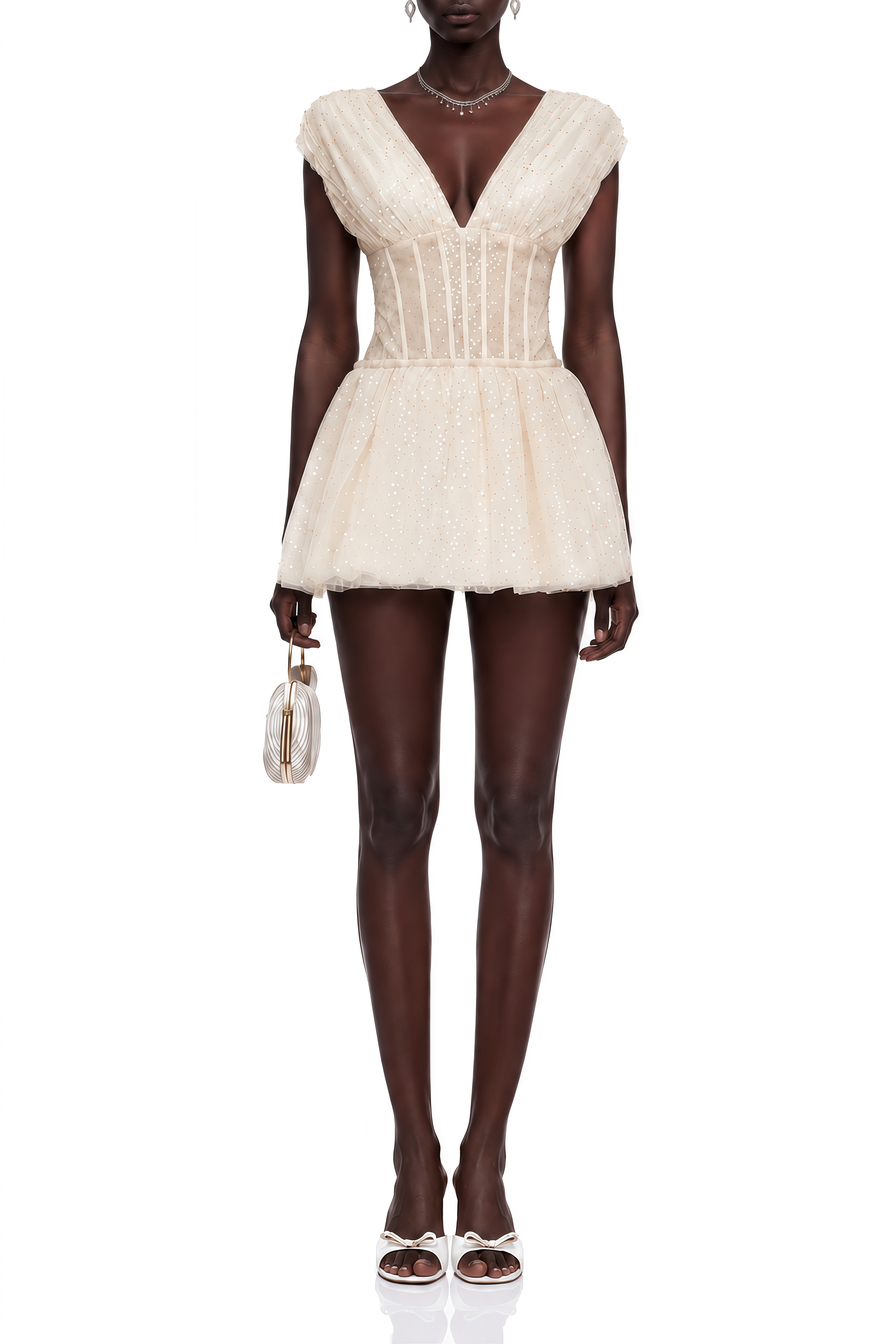 Catherine Neutral Sequin Ruched Mini Dress